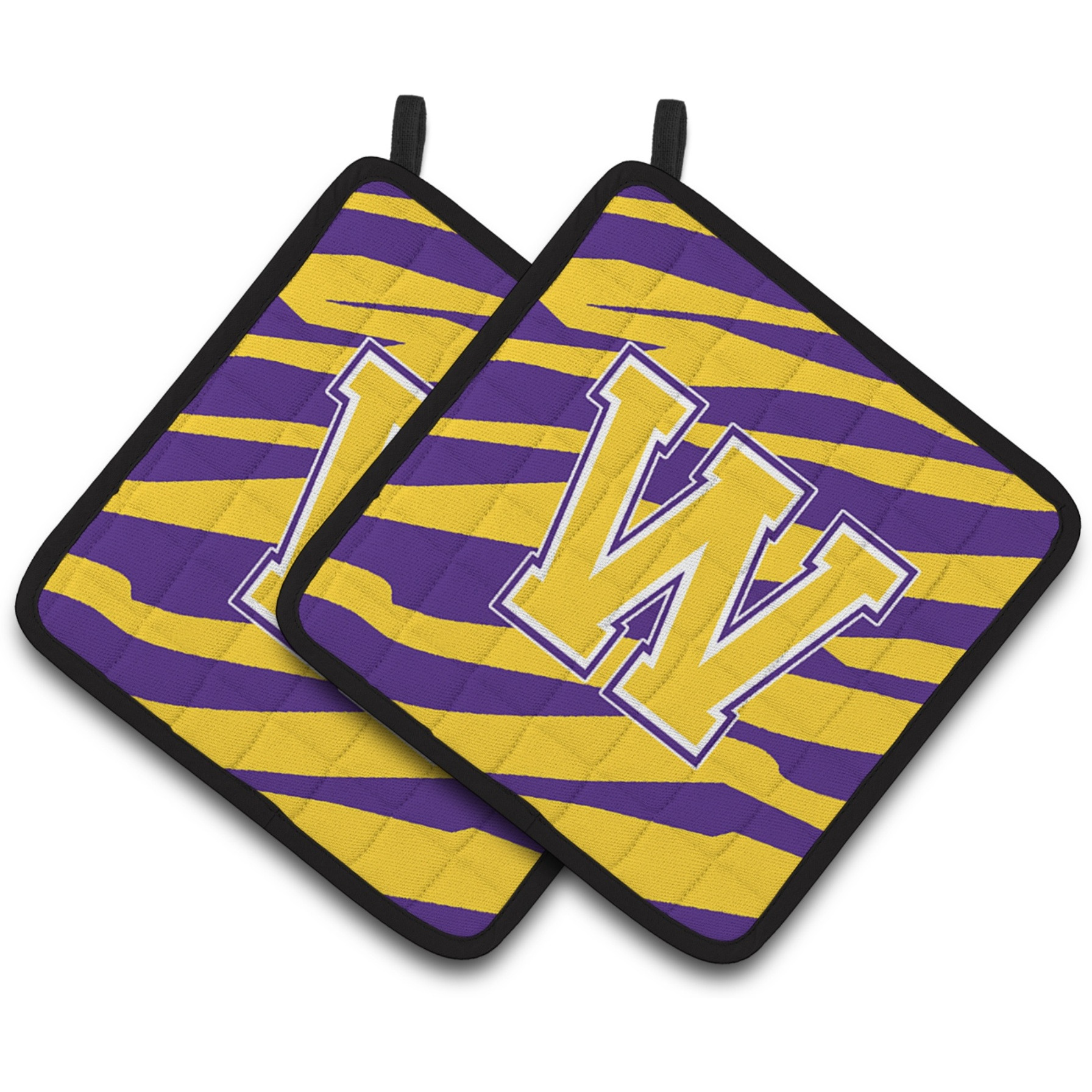 &quotCaroline's Treasures CJ1022-WPTHD Letter W Monogram with Tiger Stripes Pot Holders (1 Pair), 7.5"" x 7.5"", Purple/Gold"