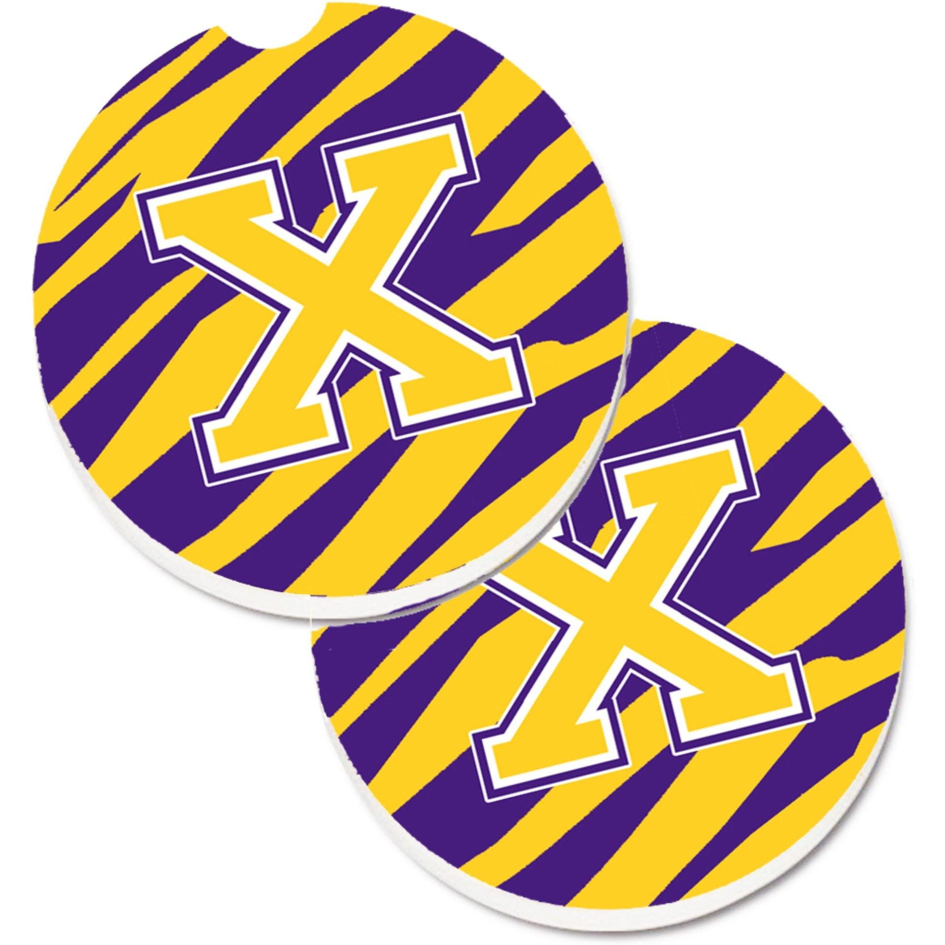 &quotCaroline's Treasures Letter x Monogram - Tiger Stripe - Purple Gold Set of 2 Cup Holder Car Coasters CJ1022-XCARC, 2.56, Multicolor"