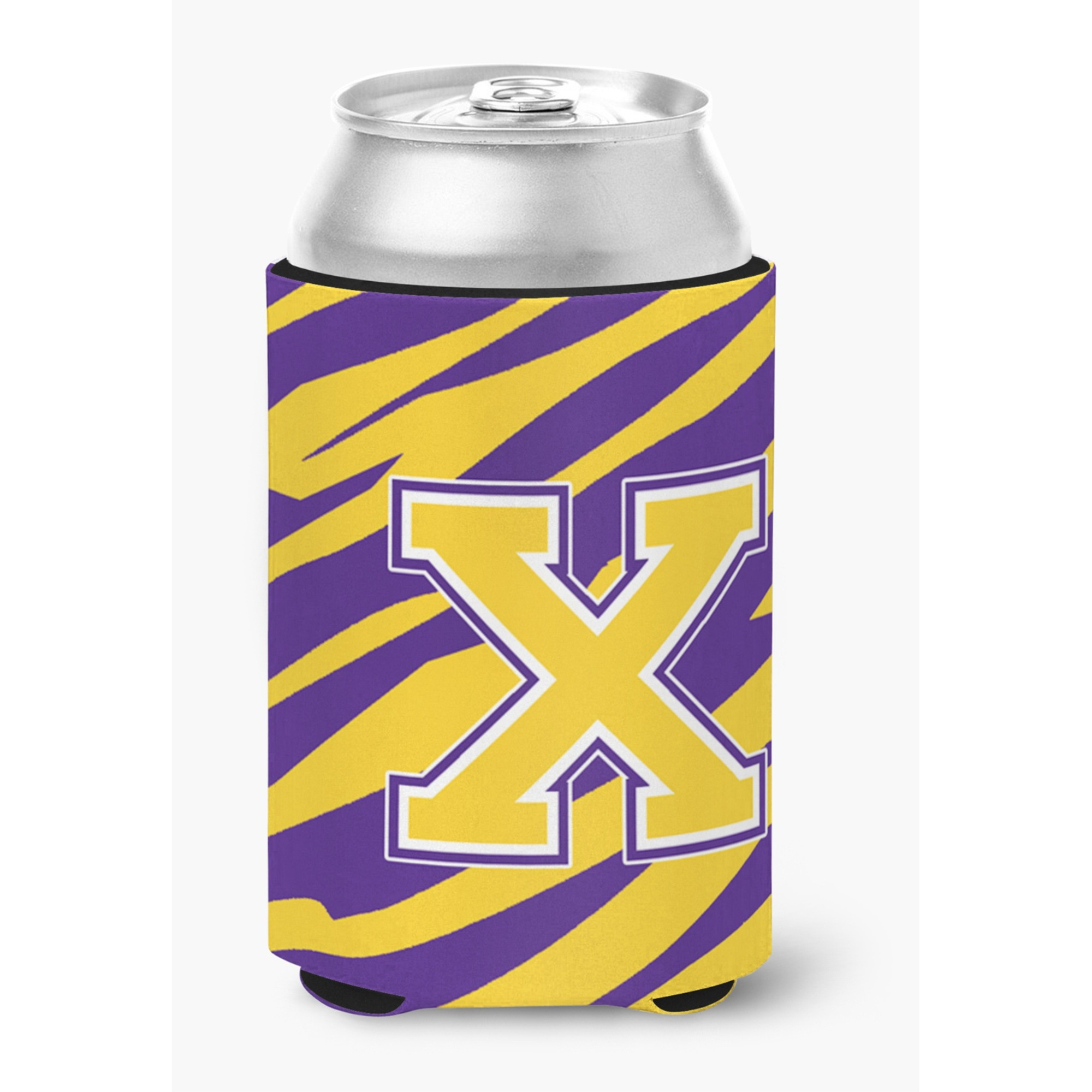 Monogram - Tiger Stripe - Purple Gold Can or Bottle Beverage Insulator Initial X