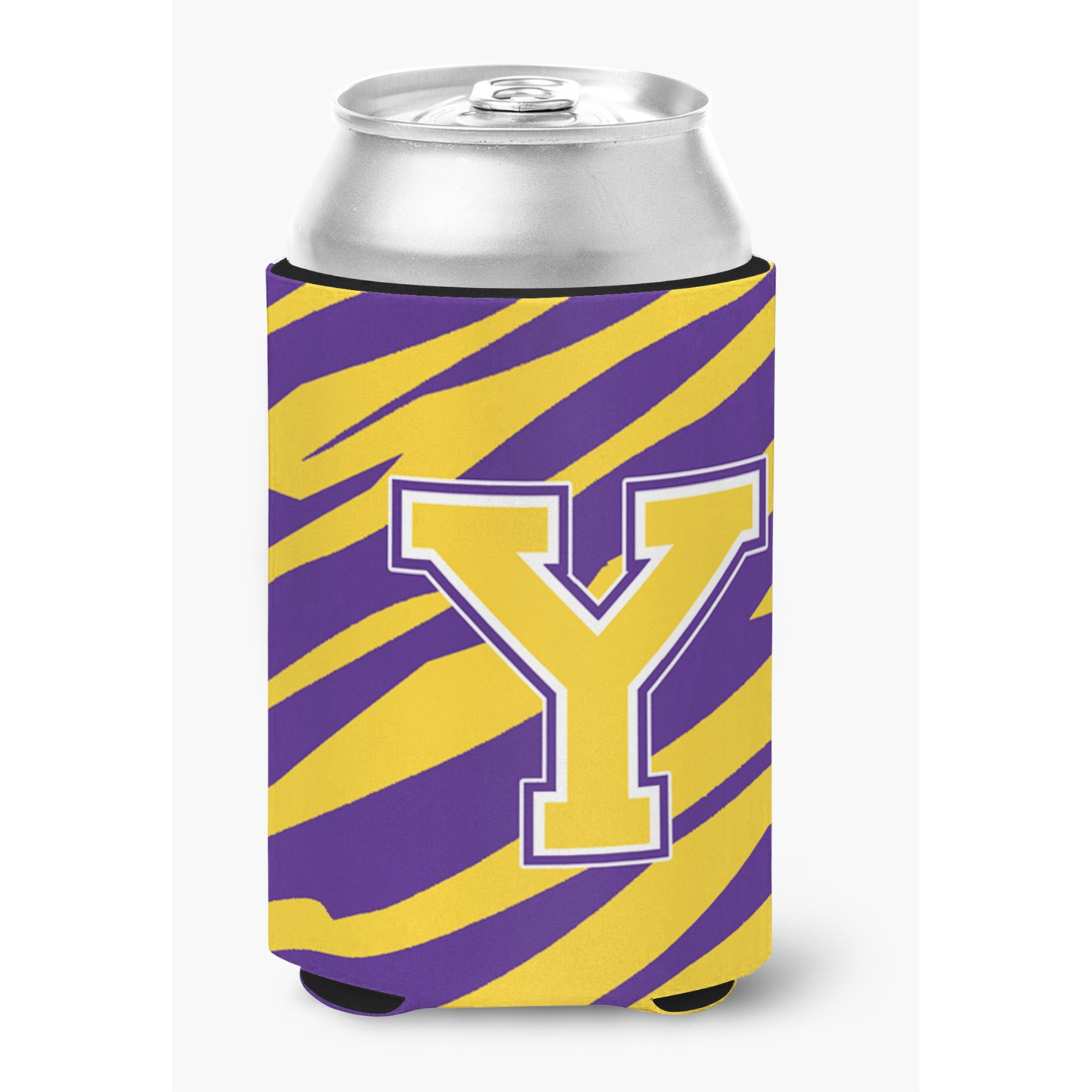 Monogram - Tiger Stripe - Purple Gold Can or Bottle Beverage Insulator Initial Y
