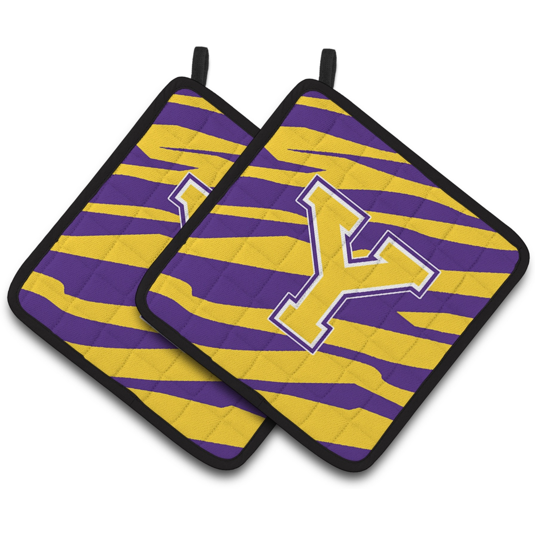 &quotCaroline's Treasures Letter Y Monogram - Tiger Stripe - Purple Gold Pair of Pot Holders CJ1022-YPTHD, 7.5HX7.5W, Multicolor"