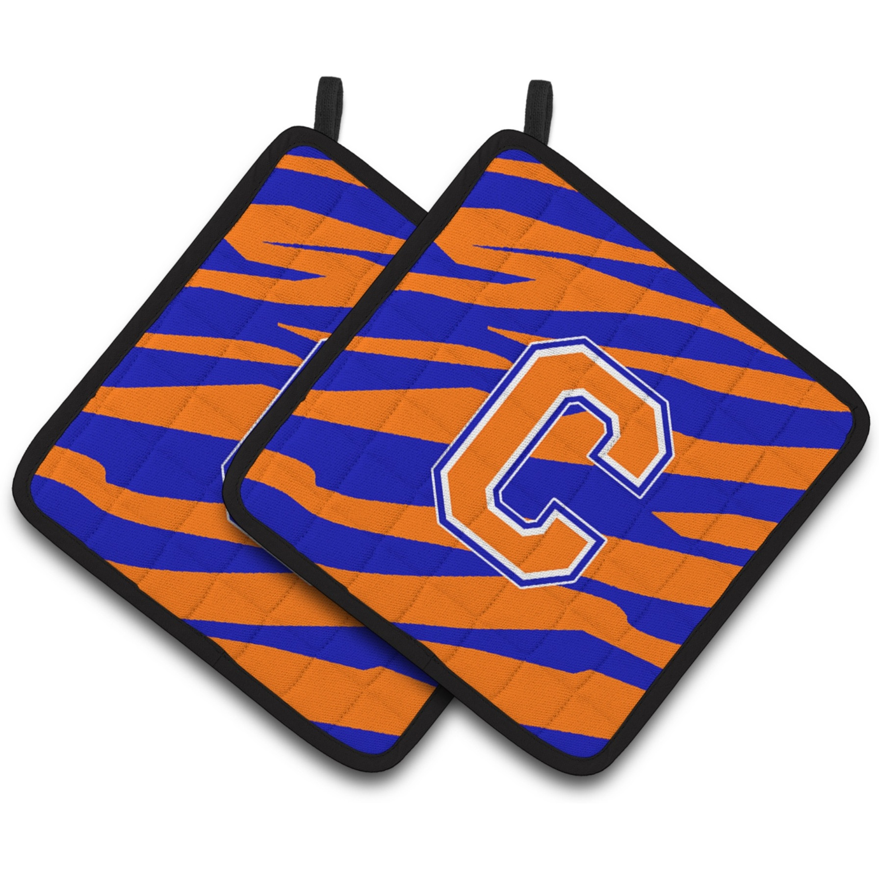&quotCaroline's Treasures Monogram Initial C Tiger Stripe - Blue Orange Pair of Pot Holders CJ1023-CPTHD, 7.5HX7.5W, Multicolor"