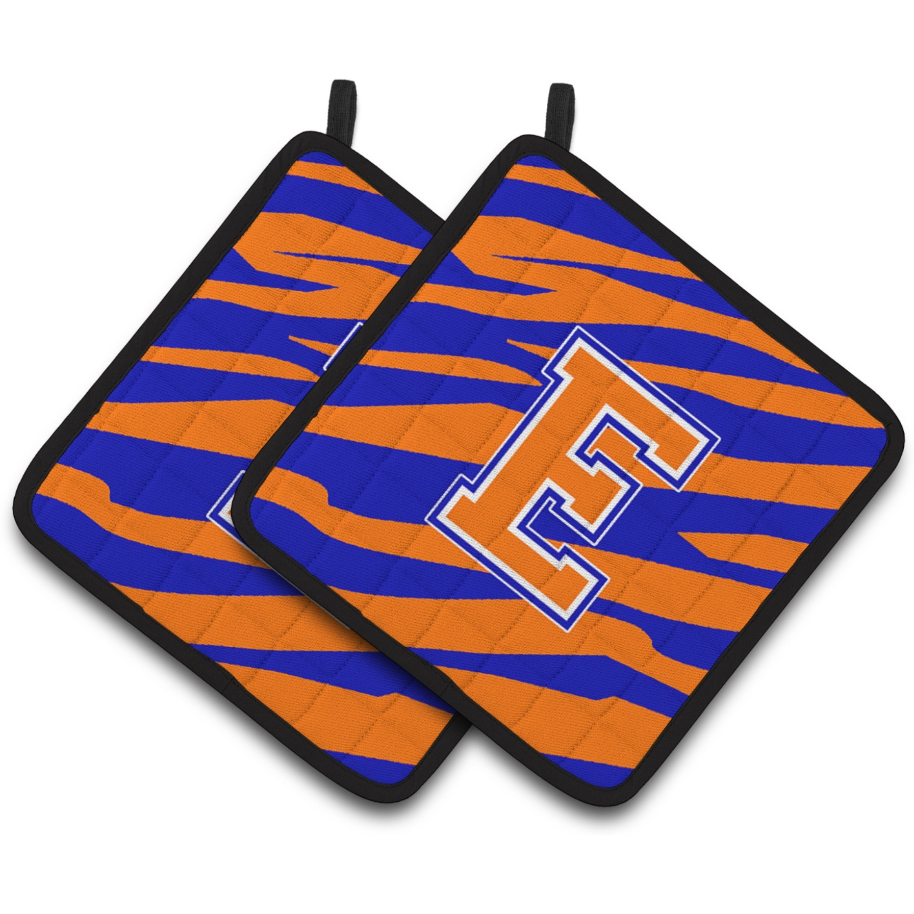 &quotCaroline's Treasures Monogram Initial E Tiger Stripe - Blue Orange Pair of Pot Holders CJ1023-EPTHD, 7.5HX7.5W, Multicolor"