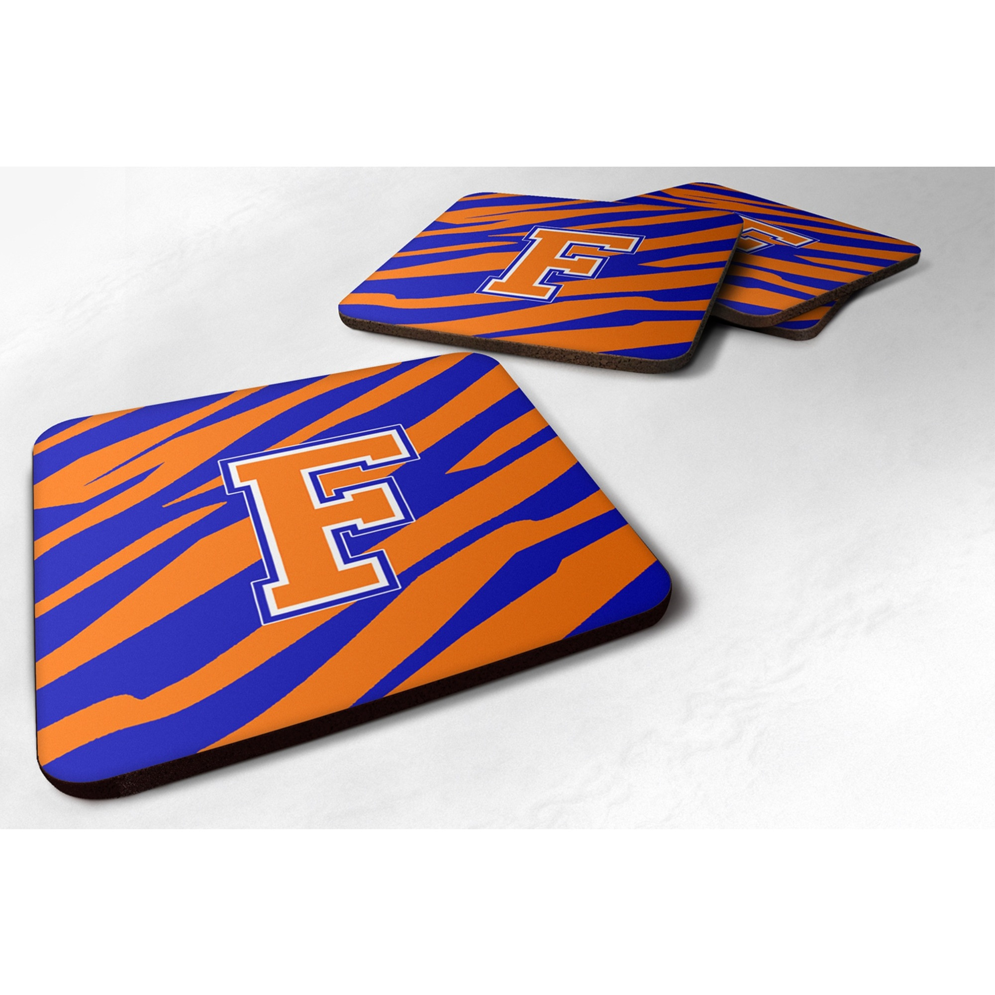 &quotCaroline's Treasures CJ1023-FFC Monogram-Tiger Stripe-Blue Orange Foam Coasters (Set of 4), Initial Letter F, 3.5"" H x 3.5"" W, Multicolor"