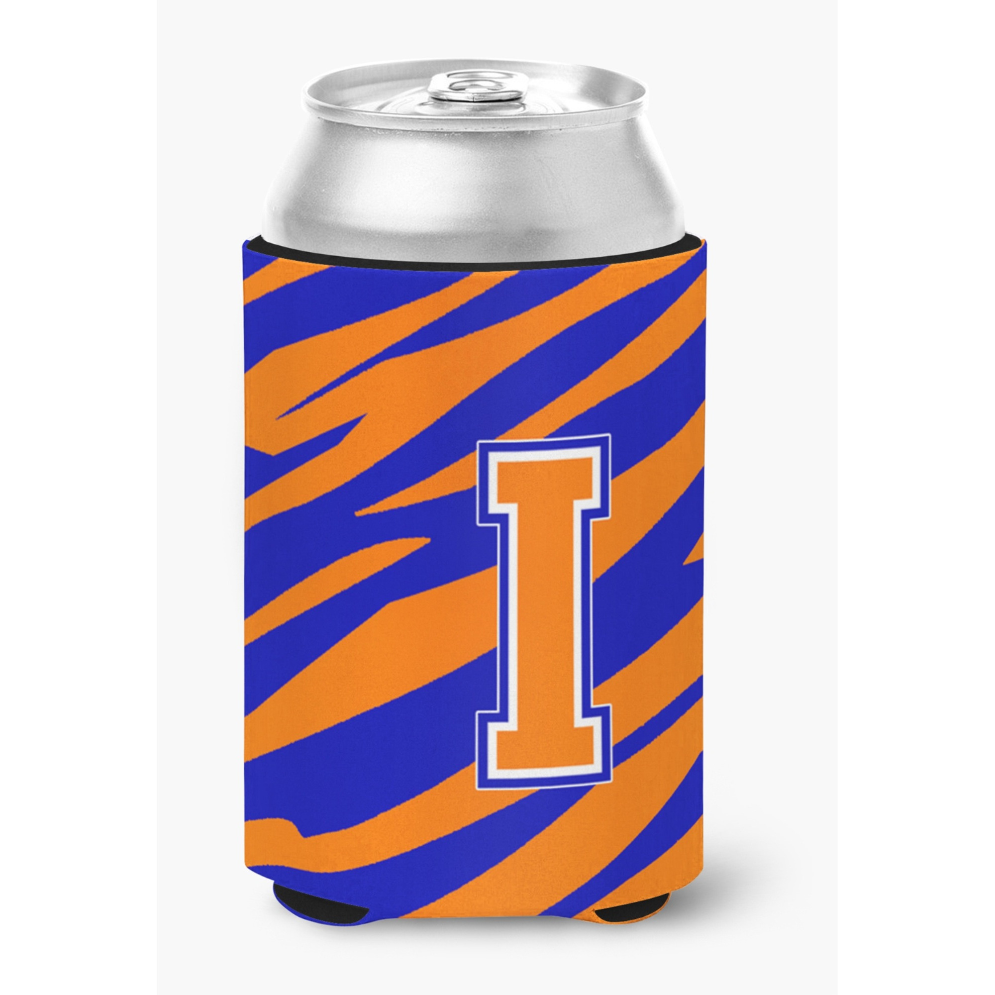 Letter I Initial Monogram Tiger Stripe Blue Orange Can or Bottle Beverage Insulator Hugger