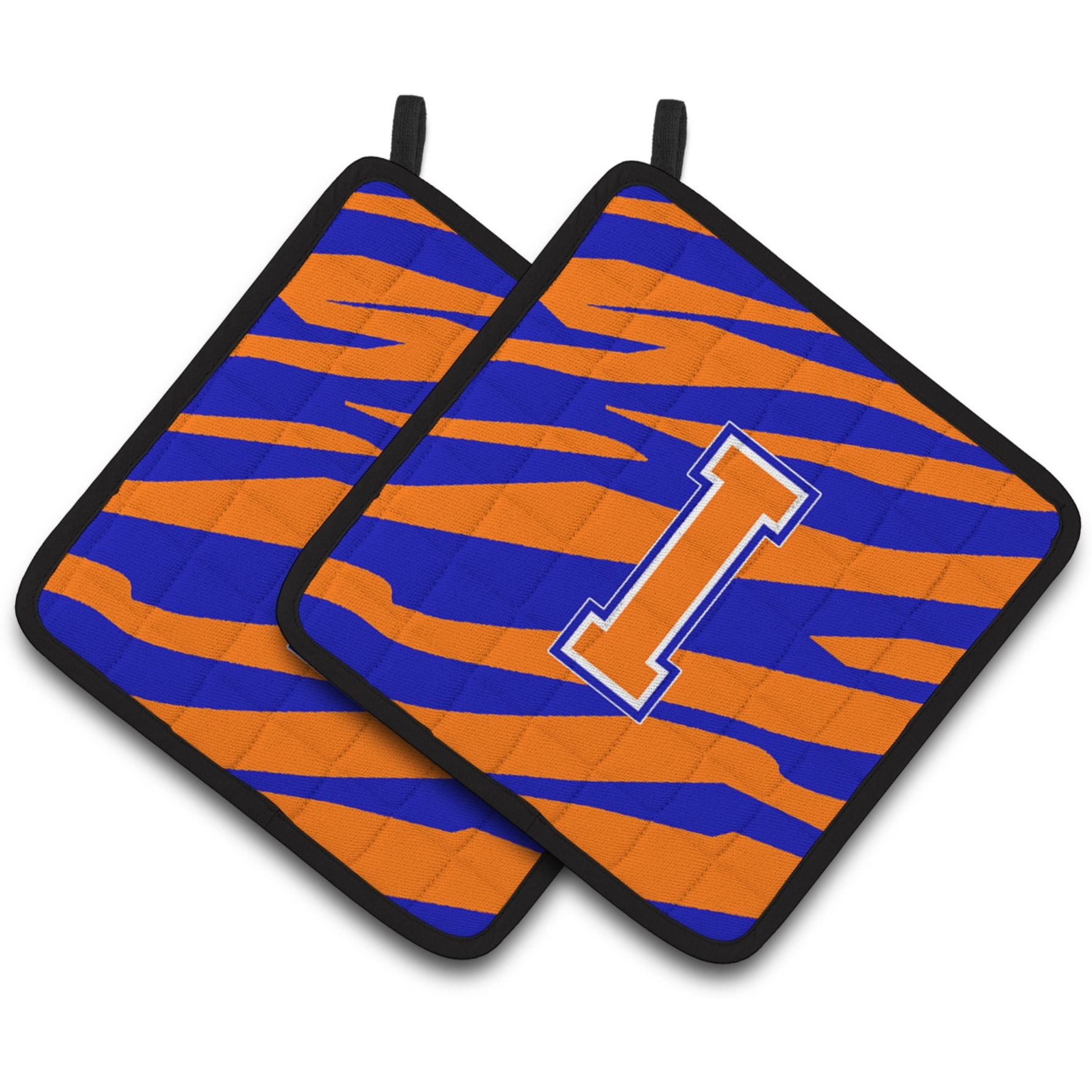 &quotCaroline's Treasures Monogram Initial I Tiger Stripe - Blue Orange Pair of Pot Holders CJ1023-IPTHD, 7.5HX7.5W, Multicolor"
