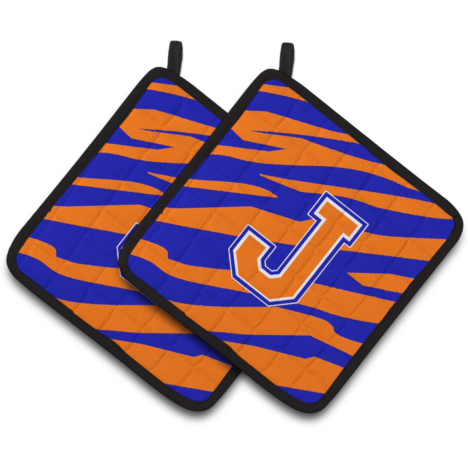 &quotCaroline's Treasures Monogram Initial J Tiger Stripe - Blue Orange Pair of Pot Holders CJ1023-JPTHD, 7.5HX7.5W, Multicolor"