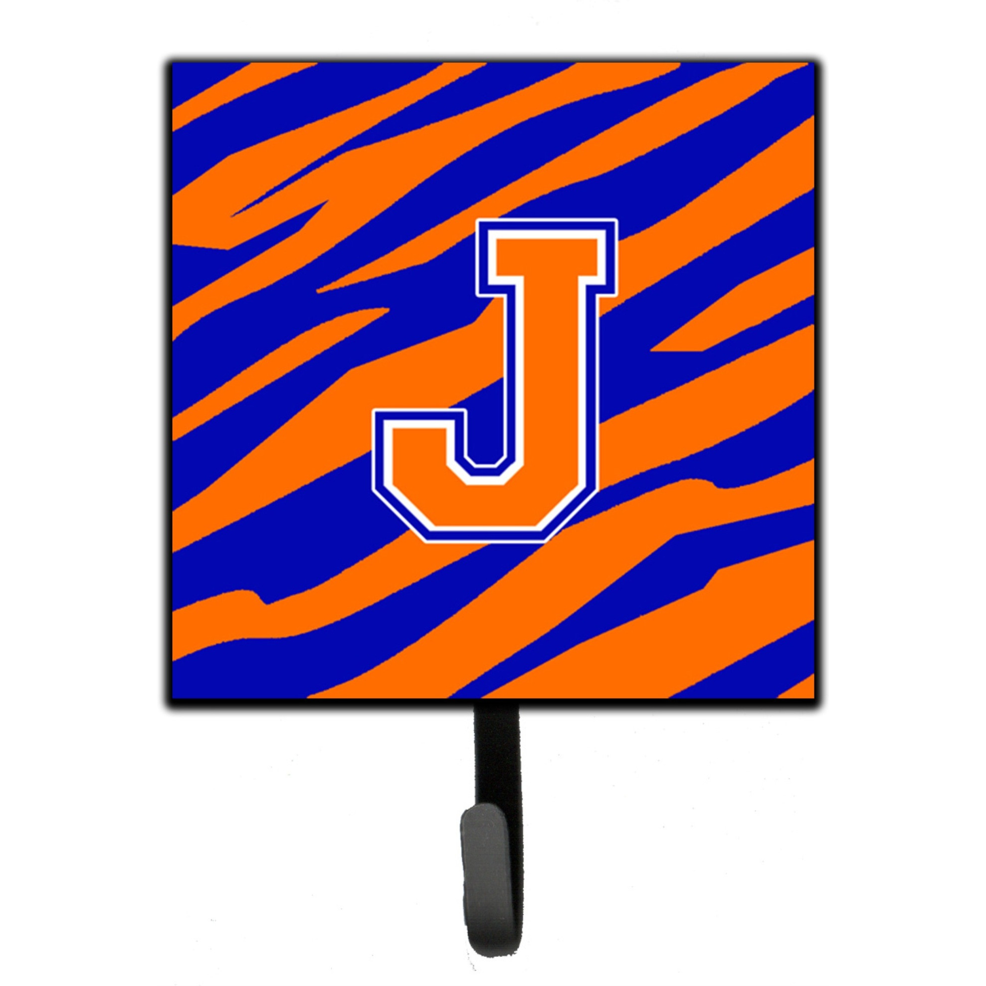 &quotCaroline's Treasures CJ1023-JSH4 Letter J Initial Monogram-Tiger Stripe-Blue Orange Leash Holder or Key Hook, Small, Multicolor"