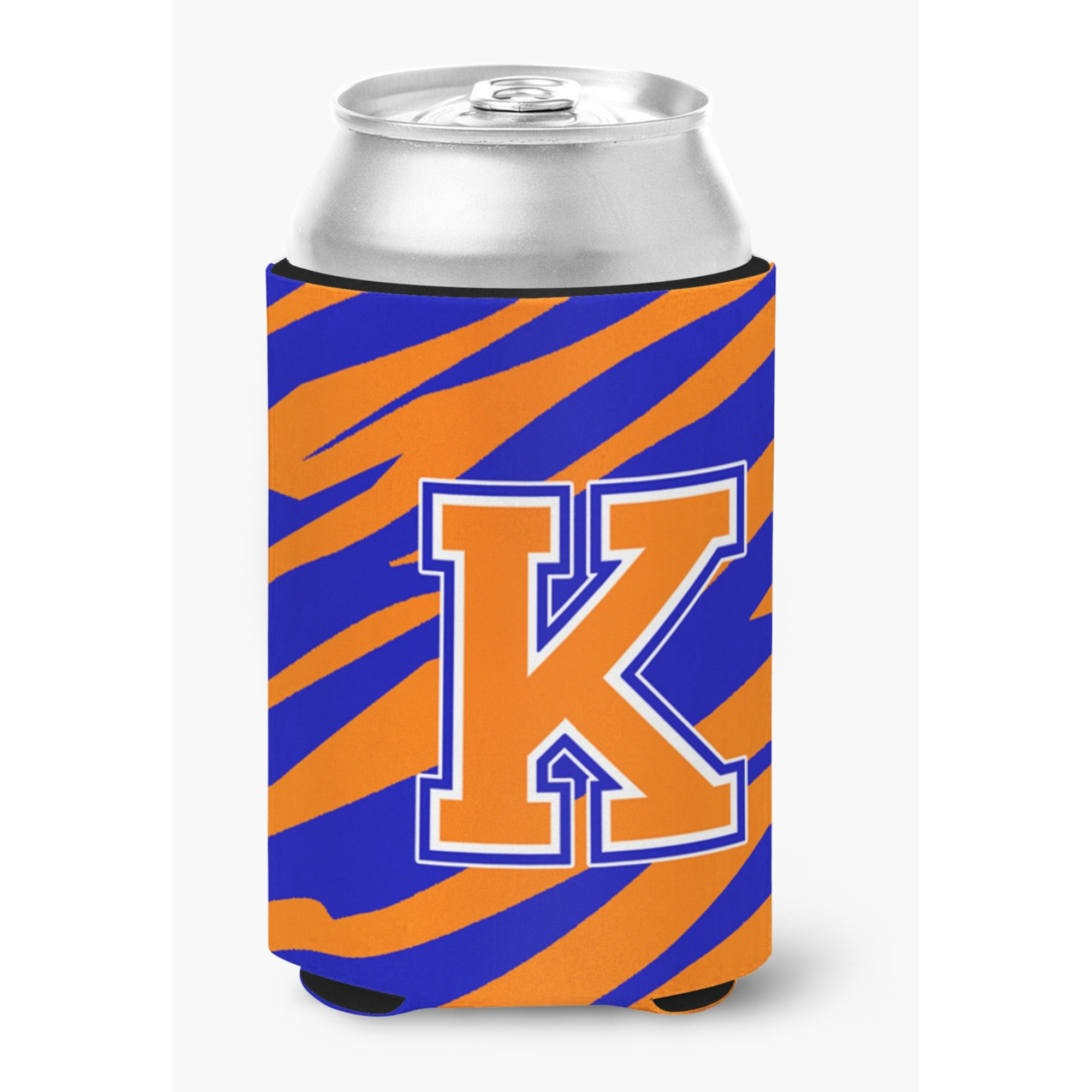 Letter K Initial Monogram Tiger Stripe Blue Orange Can or Bottle Beverage Insulator Hugger