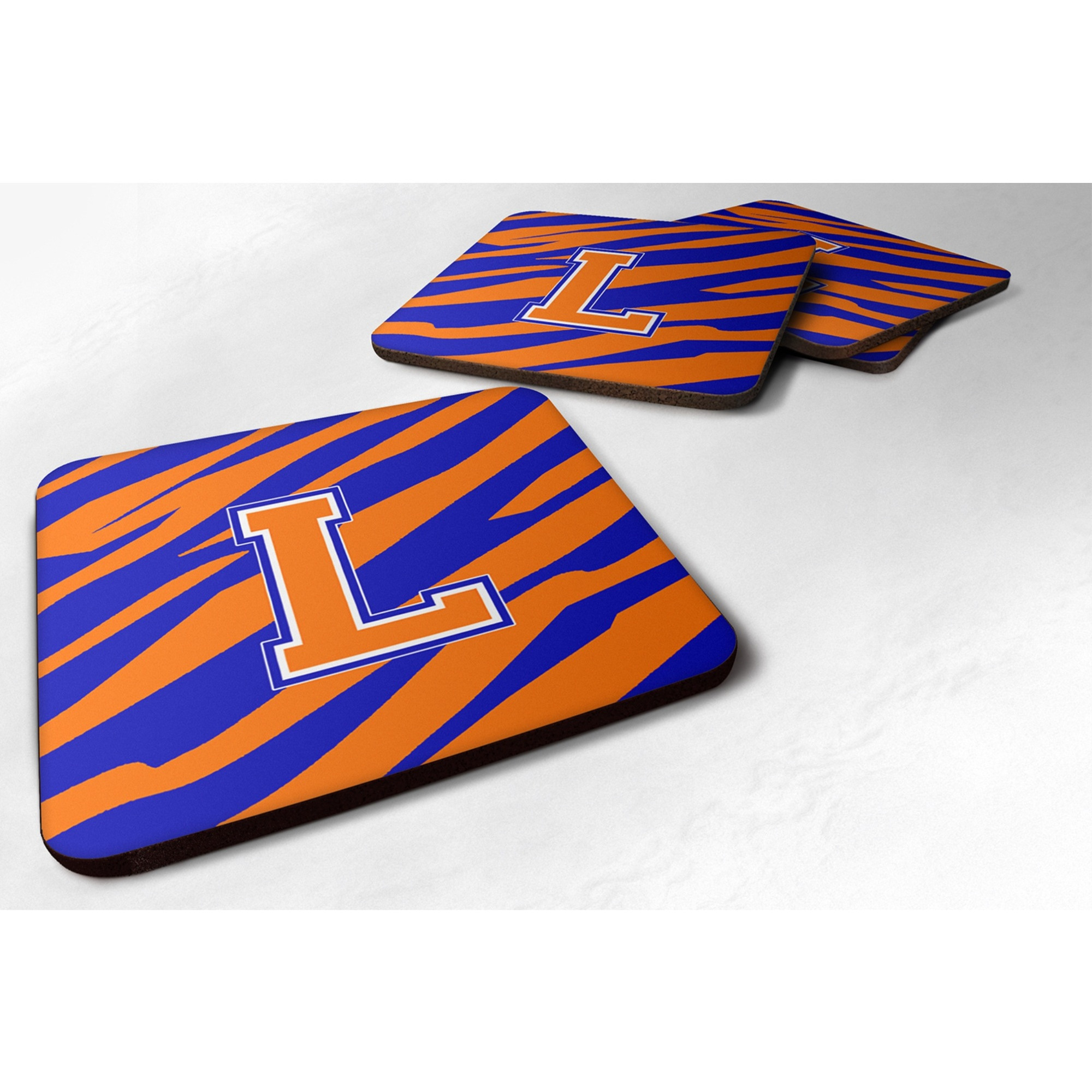 &quotCaroline's Treasures CJ1023-LFC Monogram-Tiger Stripe-Blue Orange Foam Coasters (Set of 4), Initial Letter L, 3.5"" H x 3.5"" W, Multicolor"