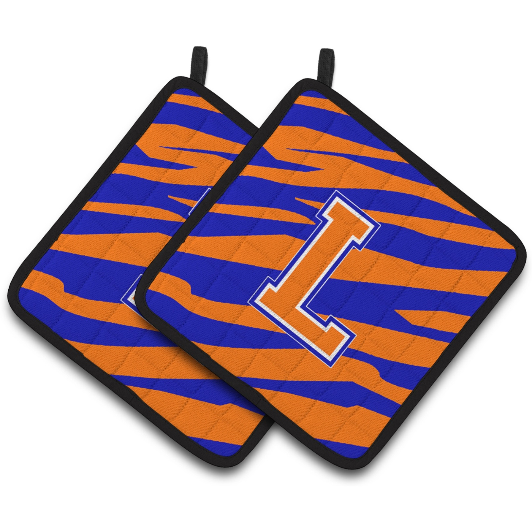 &quotCaroline's Treasures Monogram Initial L Tiger Stripe - Blue Orange Pair of Pot Holders CJ1023-LPTHD, 7.5HX7.5W, Multicolor"