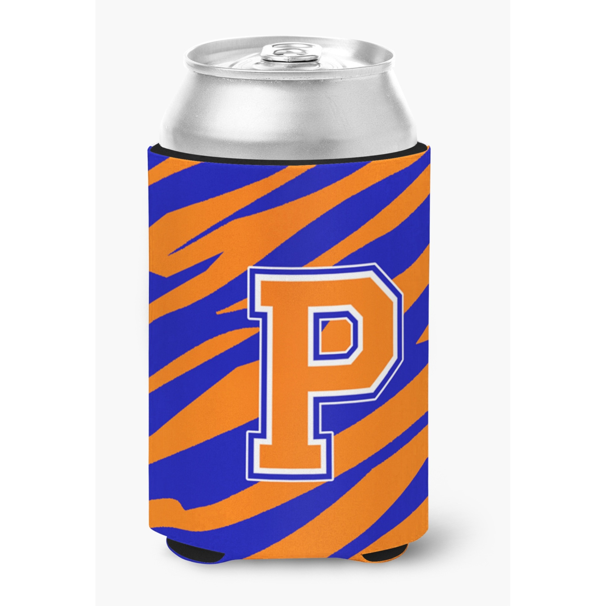 Letter P Initial Monogram Tiger Stripe Blue Orange Can or Bottle Beverage Insulator Hugger