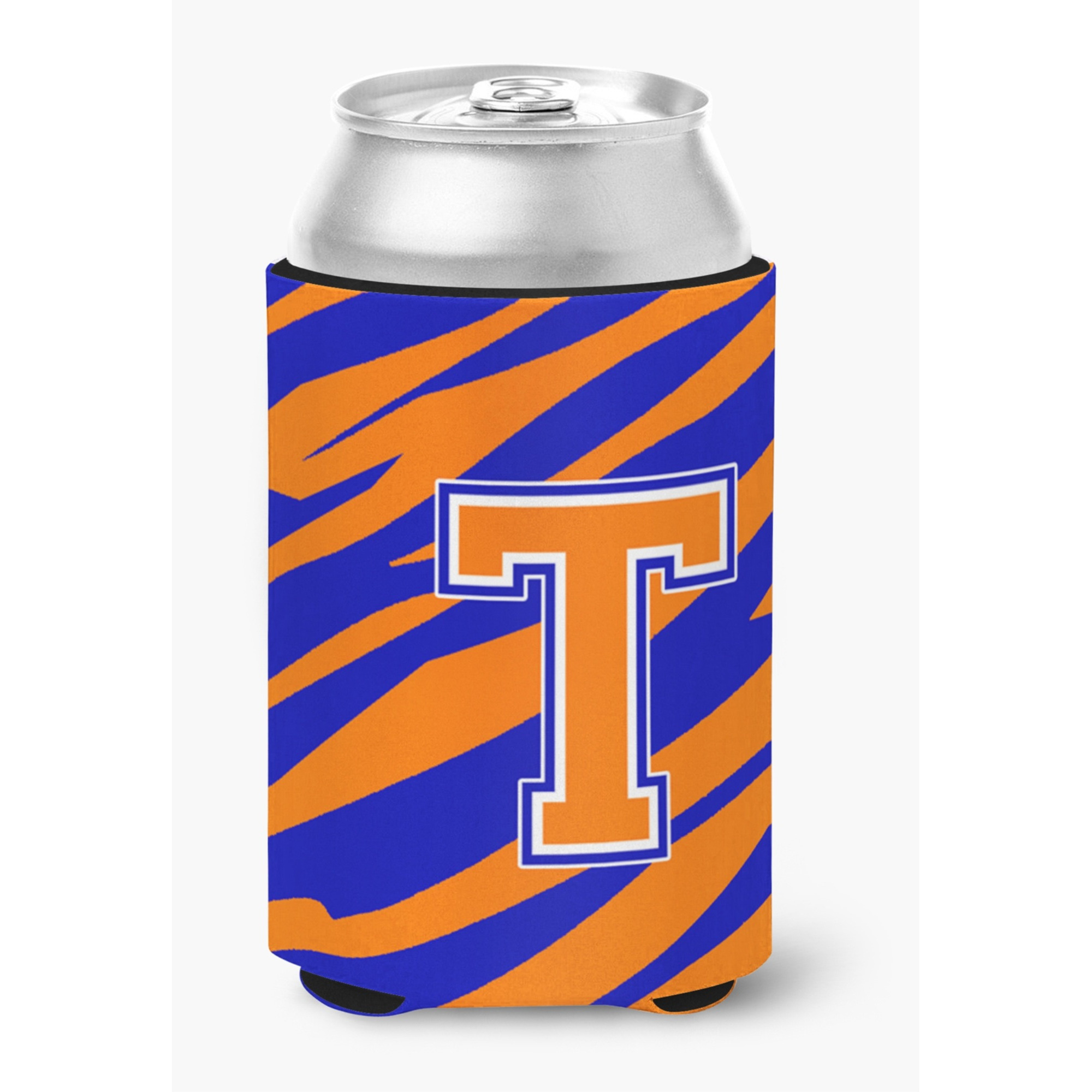 Letter T Initial Monogram Tiger Stripe Blue Orange Can or Bottle Beverage Insulator Hugger