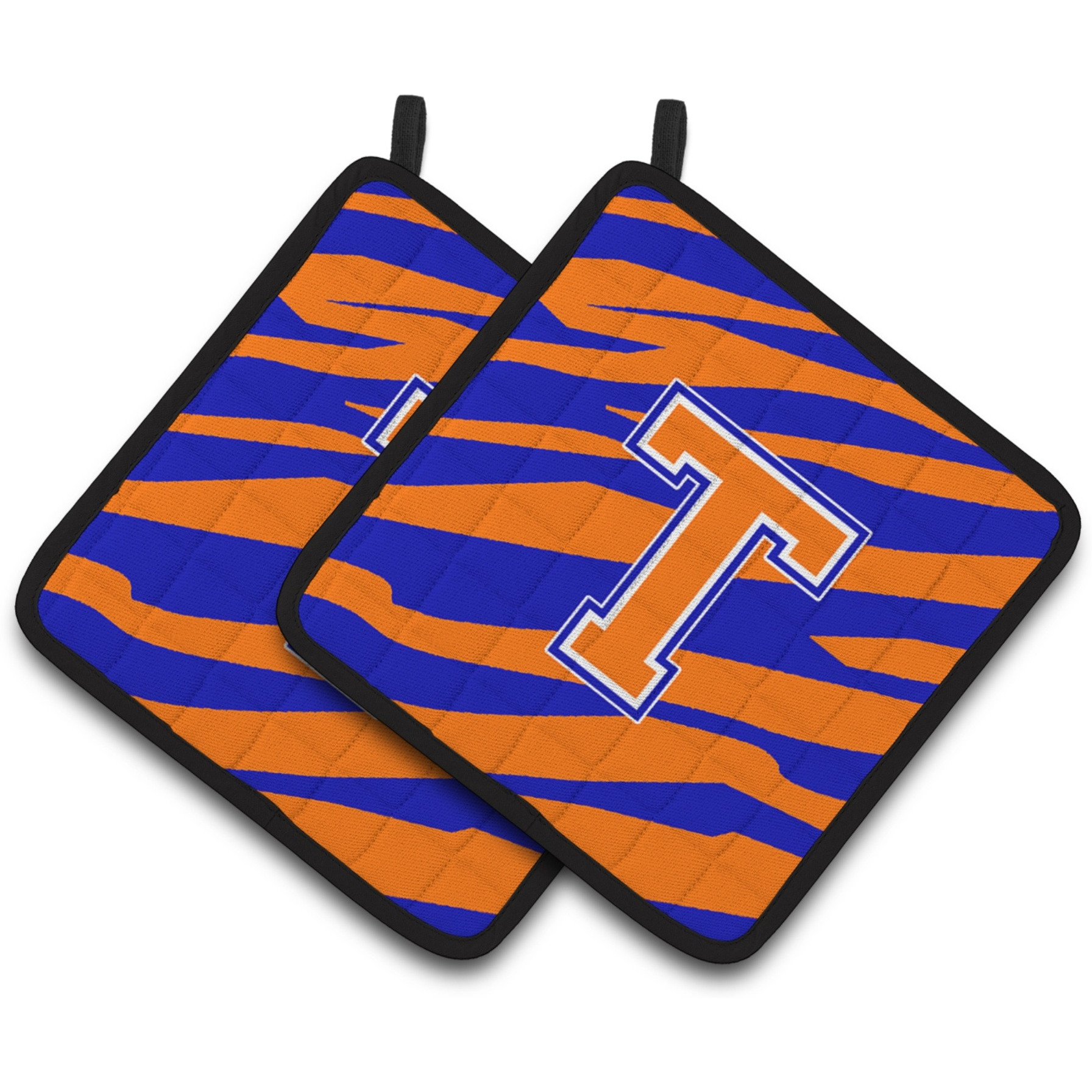 &quotCaroline's Treasures Monogram Initial T Tiger Stripe - Blue Orange Pair of Pot Holders CJ1023-TPTHD, 7.5HX7.5W, Multicolor"