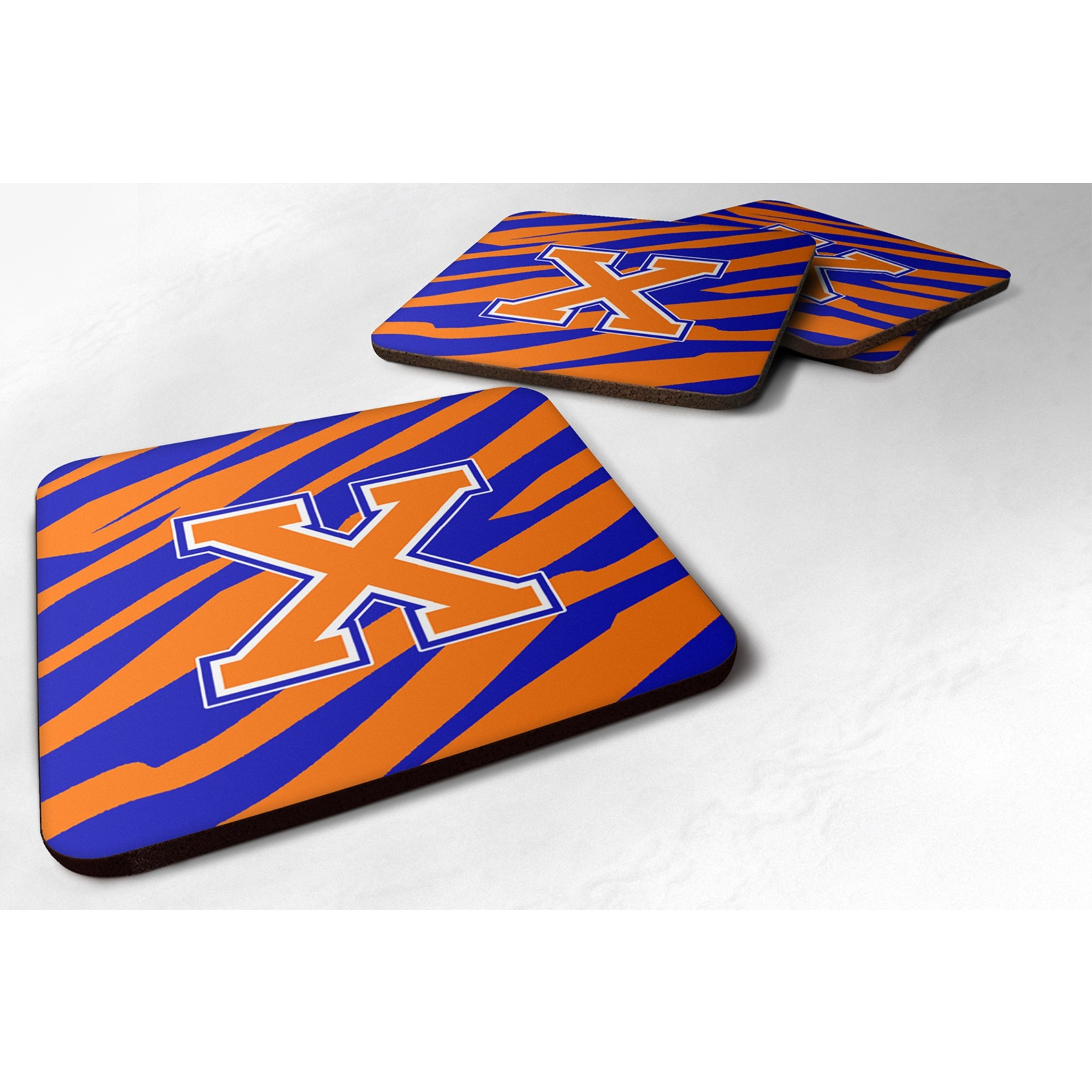 &quotCaroline's Treasures CJ1023-XFC Monogram-Tiger Stripe-Blue Orange Foam Coasters (Set of 4), Initial Letter X, 3.5"" H x 3.5"" W, Multicolor"