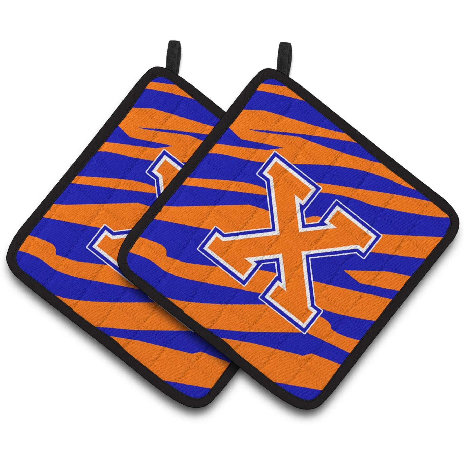 &quotCaroline's Treasures Monogram Initial x Tiger Stripe - Blue Orange Pair of Pot Holders CJ1023-XPTHD, 7.5HX7.5W, Multicolor"
