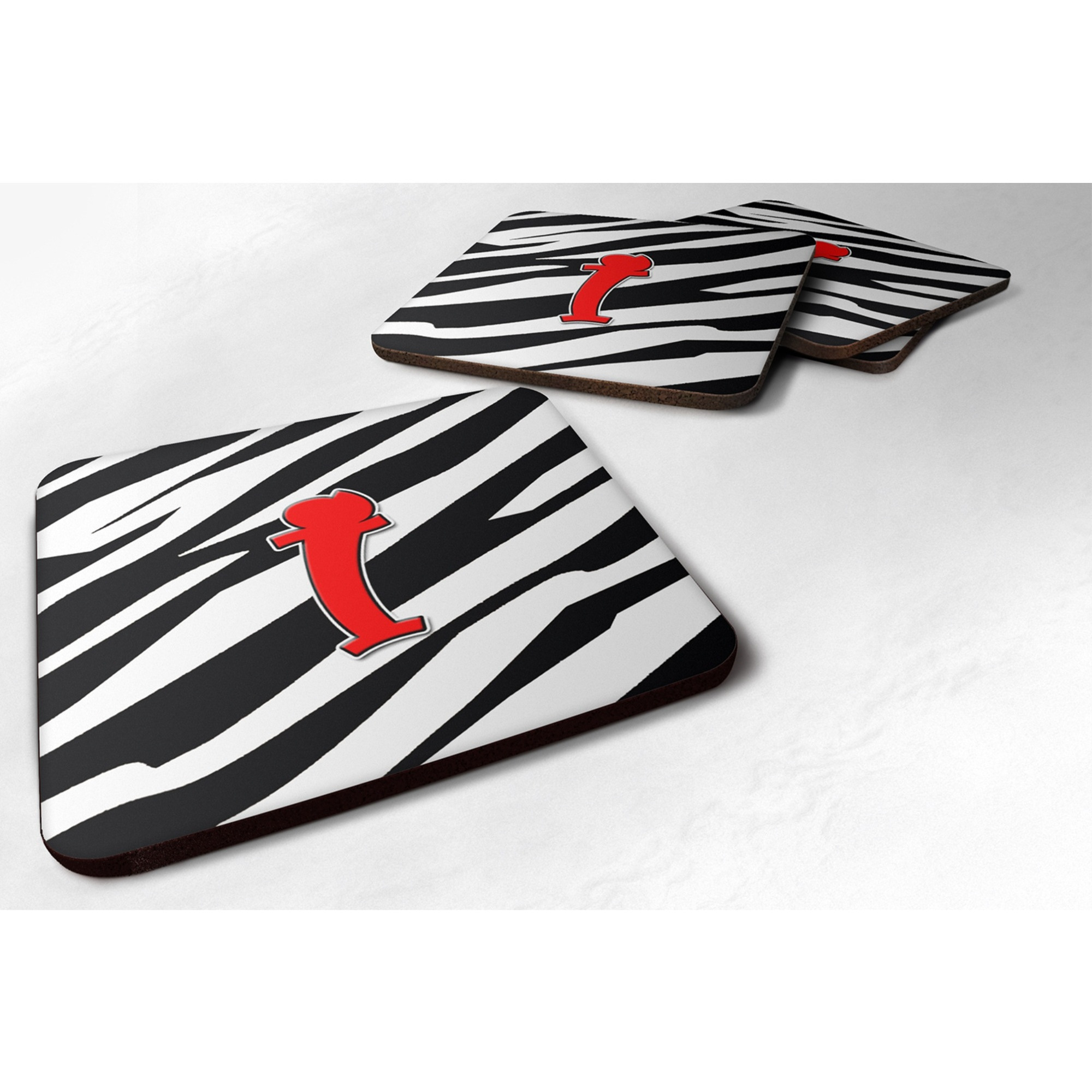 &quotCaroline's Treasures CJ1024-IFC Monogram-Zebra Red Foam Coasters (Set of 4), Initial Letter I, 3.5"" H x 3.5"" W, Multicolor"