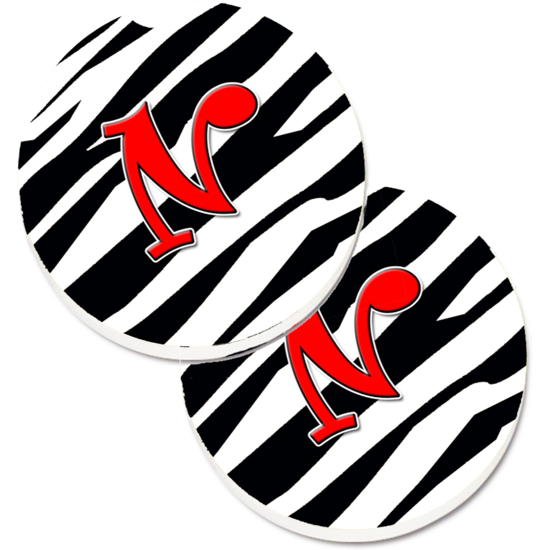 &quotCaroline's Treasures Monogram Initial N Zebra Red Set of 2 Cup Holder Car Coasters CJ1024-NCARC, 2.56, Multicolor"