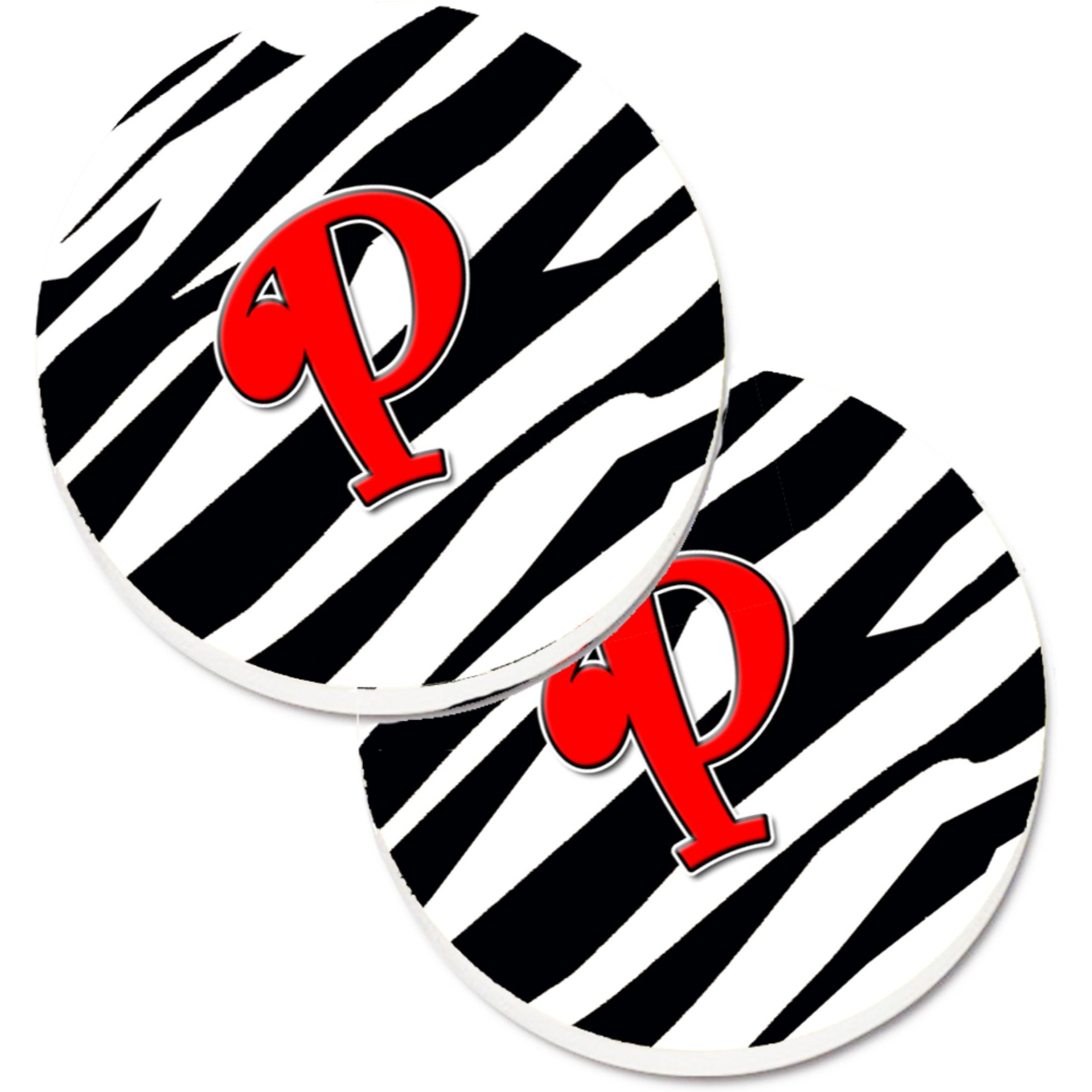 &quotCaroline's Treasures Monogram Initial P Zebra Red Set of 2 Cup Holder Car Coasters CJ1024-PCARC, 2.56, Multicolor"