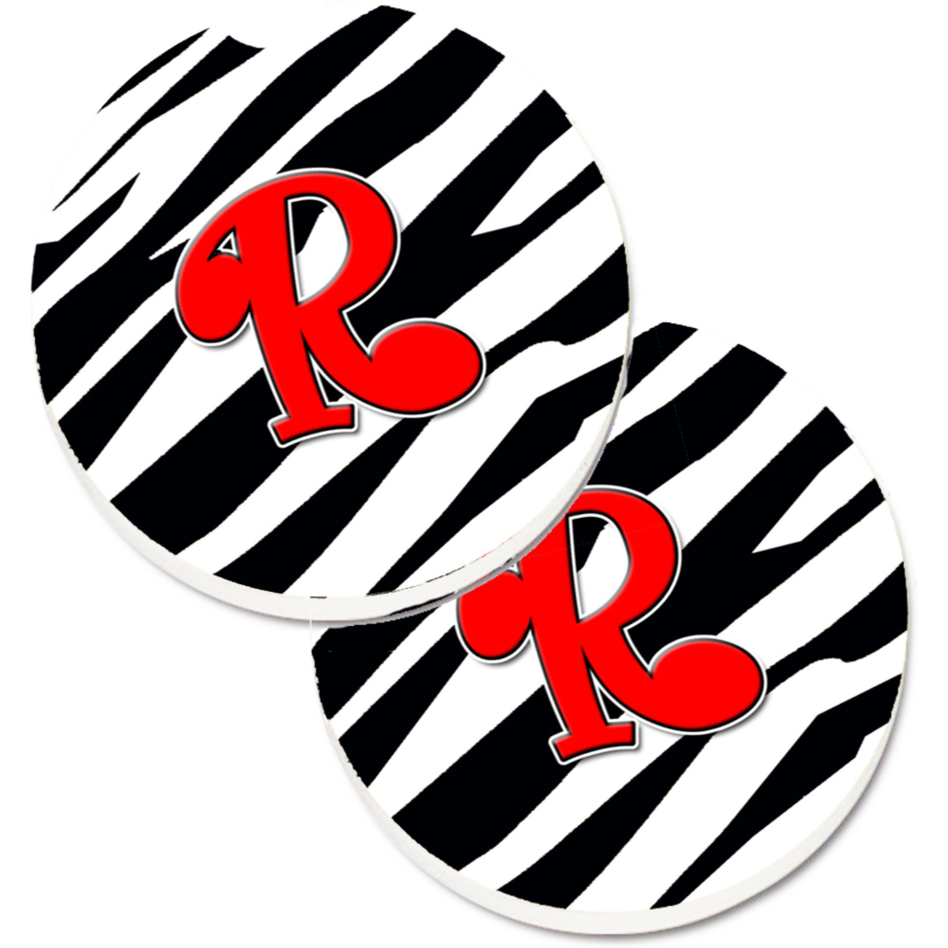 &quotCaroline's Treasures Monogram Initial R Zebra Red Set of 2 Cup Holder Car Coasters CJ1024-RCARC, 2.56, Multicolor"
