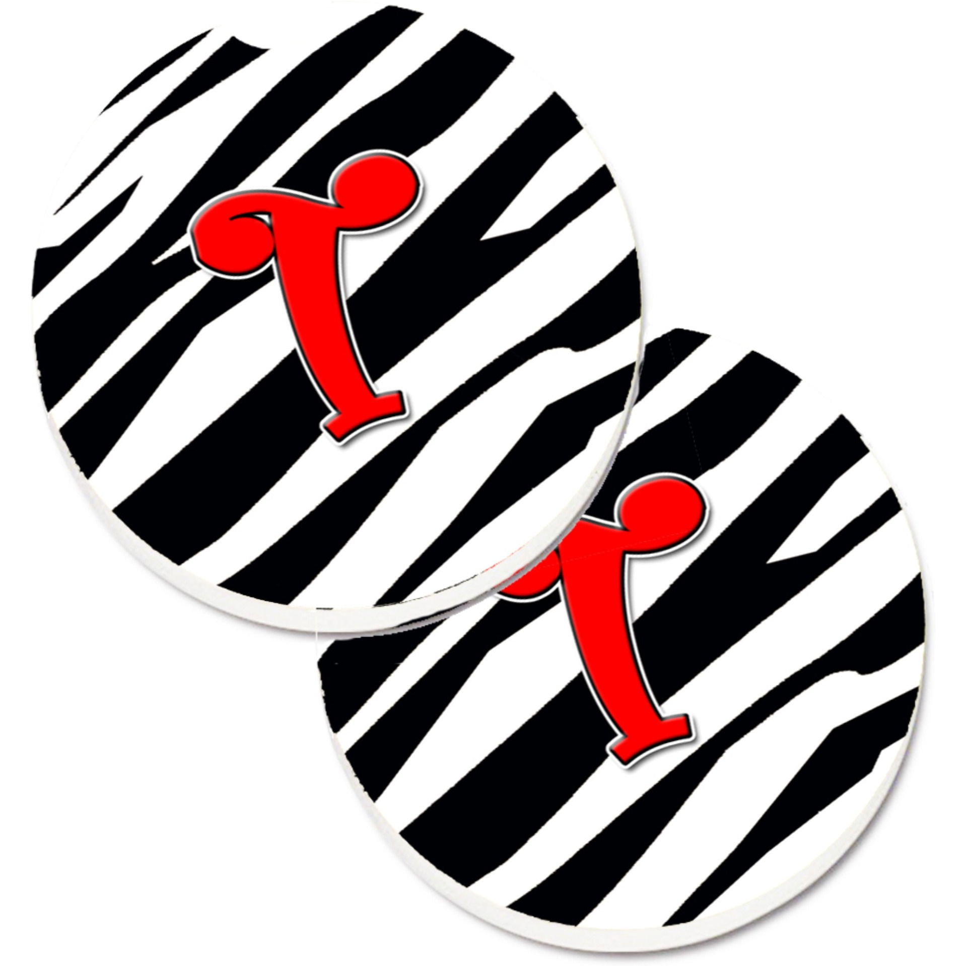 &quotCaroline's Treasures Monogram Initial T Zebra Red Set of 2 Cup Holder Car Coasters CJ1024-TCARC, 2.56, Multicolor"