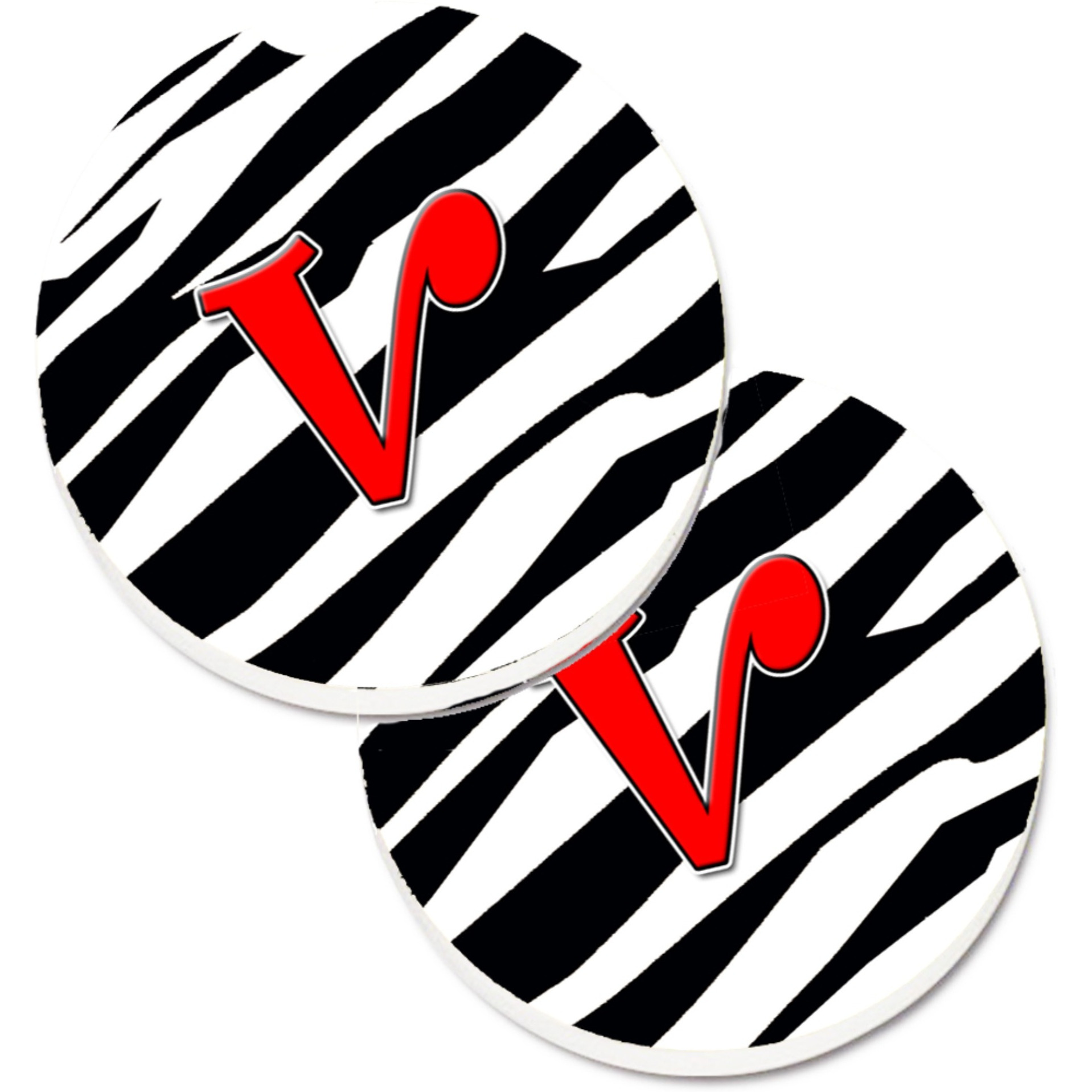 &quotCaroline's Treasures Monogram Initial V Zebra Red Set of 2 Cup Holder Car Coasters CJ1024-VCARC, 2.56, Multicolor"