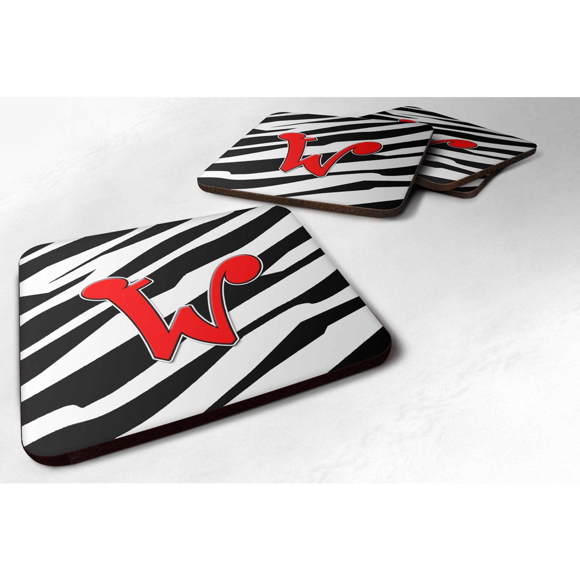 &quotCaroline's Treasures CJ1024-WFC Monogram-Zebra Red Foam Coasters (Set of 4), Initial Letter W, 3.5"" H x 3.5"" W, Multicolor"
