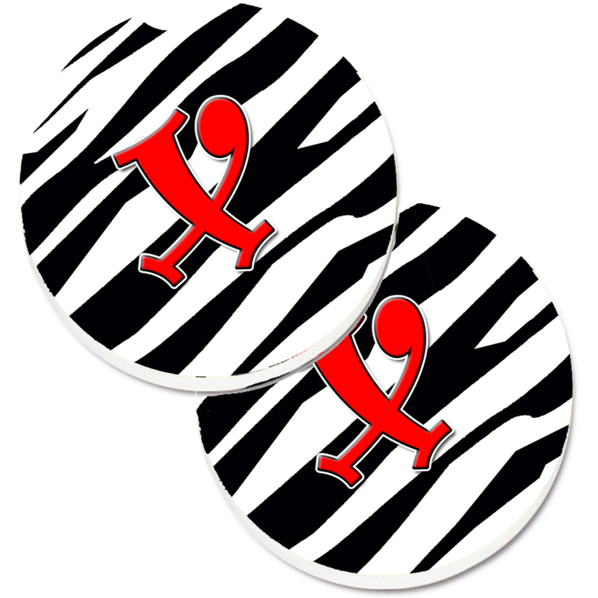 &quotCaroline's Treasures Monogram Initial x Zebra Red Set of 2 Cup Holder Car Coasters CJ1024-XCARC, 2.56, Multicolor"