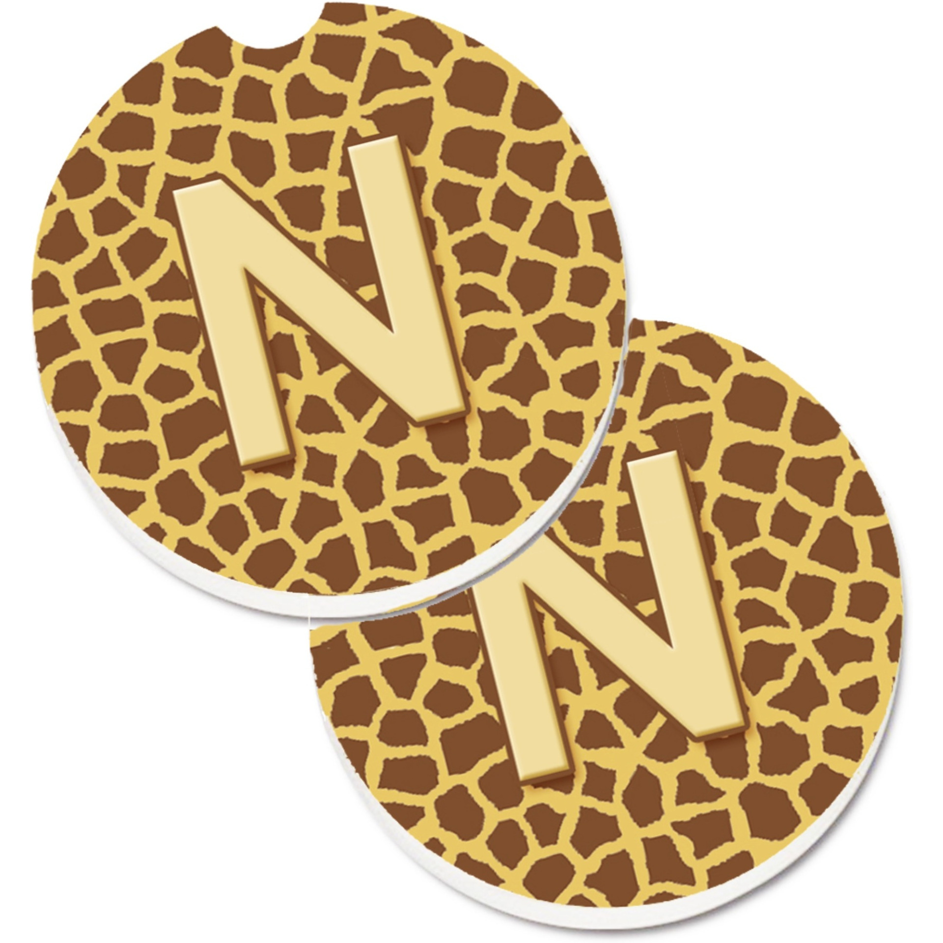 &quotCaroline's Treasures Monogram Initial N Giraffe Set of 2 Cup Holder Car Coasters CJ1025-NCARC, 2.56, Multicolor"