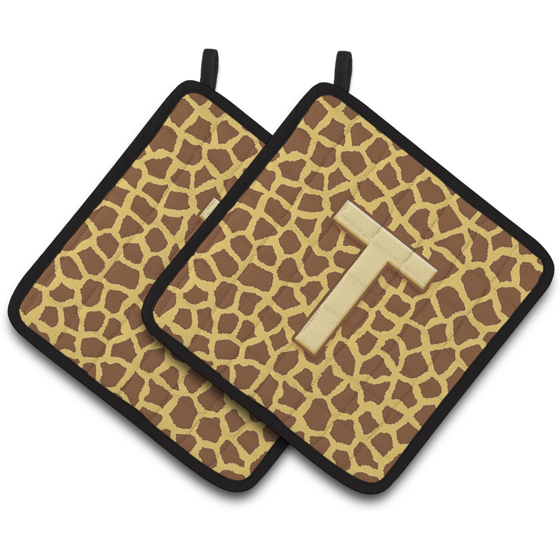 &quotCaroline's Treasures Monogram Initial T Giraffe Pair of Pot Holders CJ1025-TPTHD, 7.5HX7.5W, Multicolor"