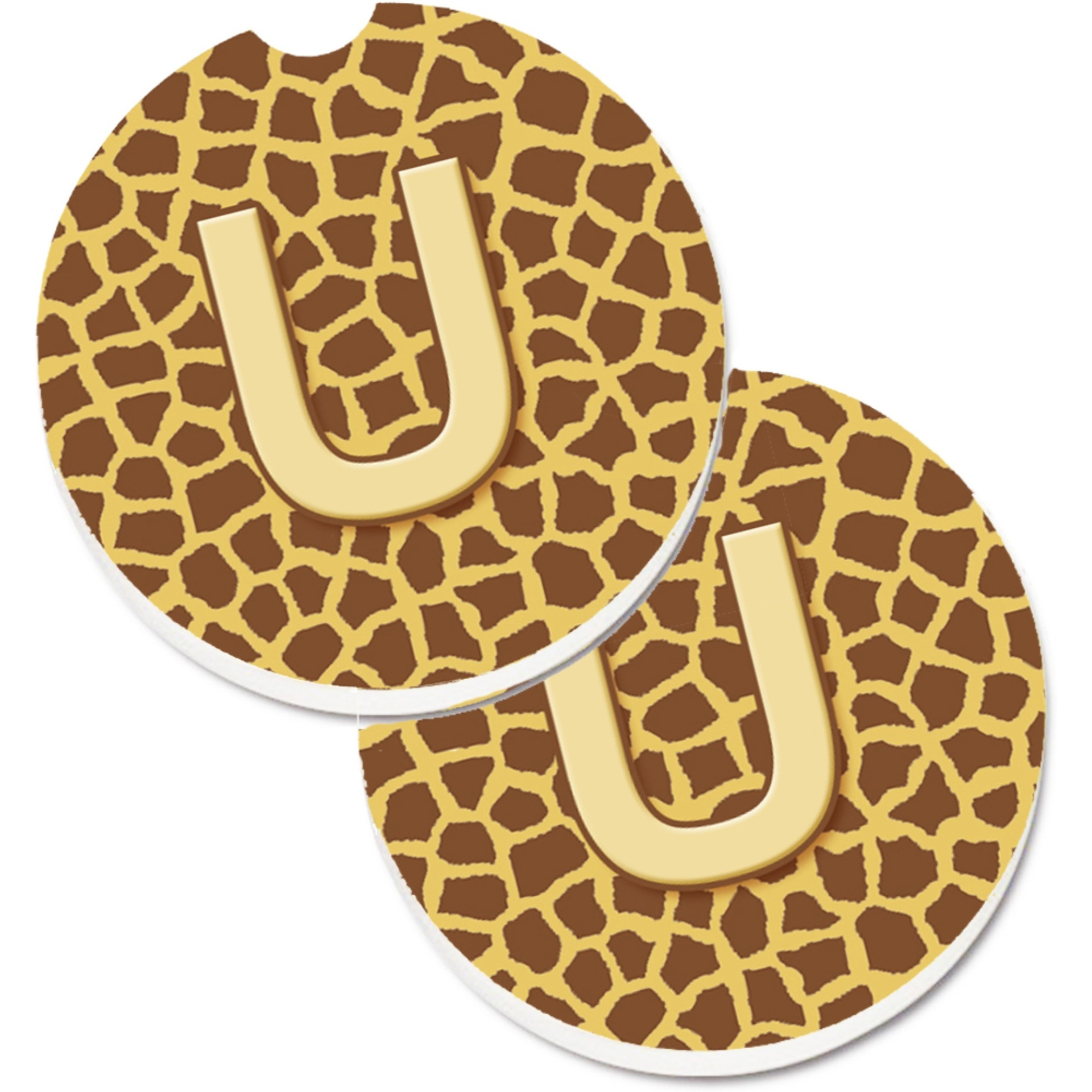 &quotCaroline's Treasures Monogram Initial U Giraffe Set of 2 Cup Holder Car Coasters CJ1025-UCARC, 2.56, Multicolor"