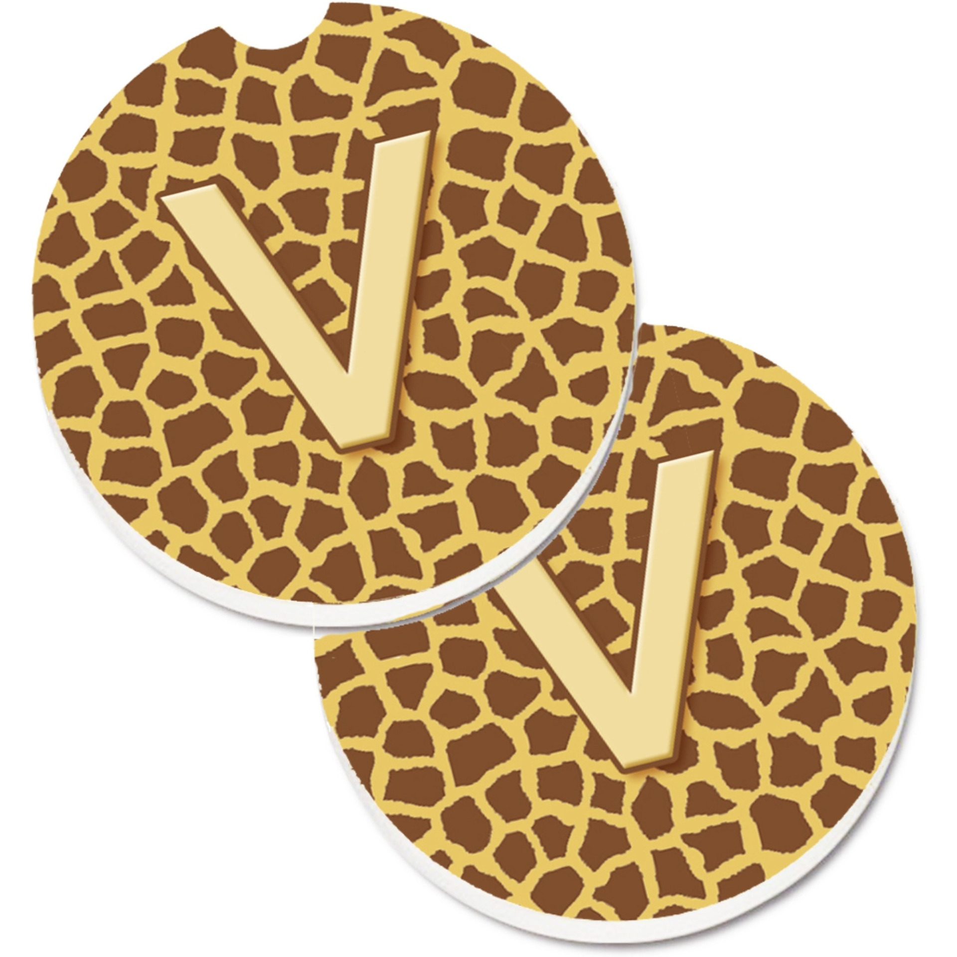 &quotCaroline's Treasures Monogram Initial V Giraffe Set of 2 Cup Holder Car Coasters CJ1025-VCARC, 2.56, Multicolor"