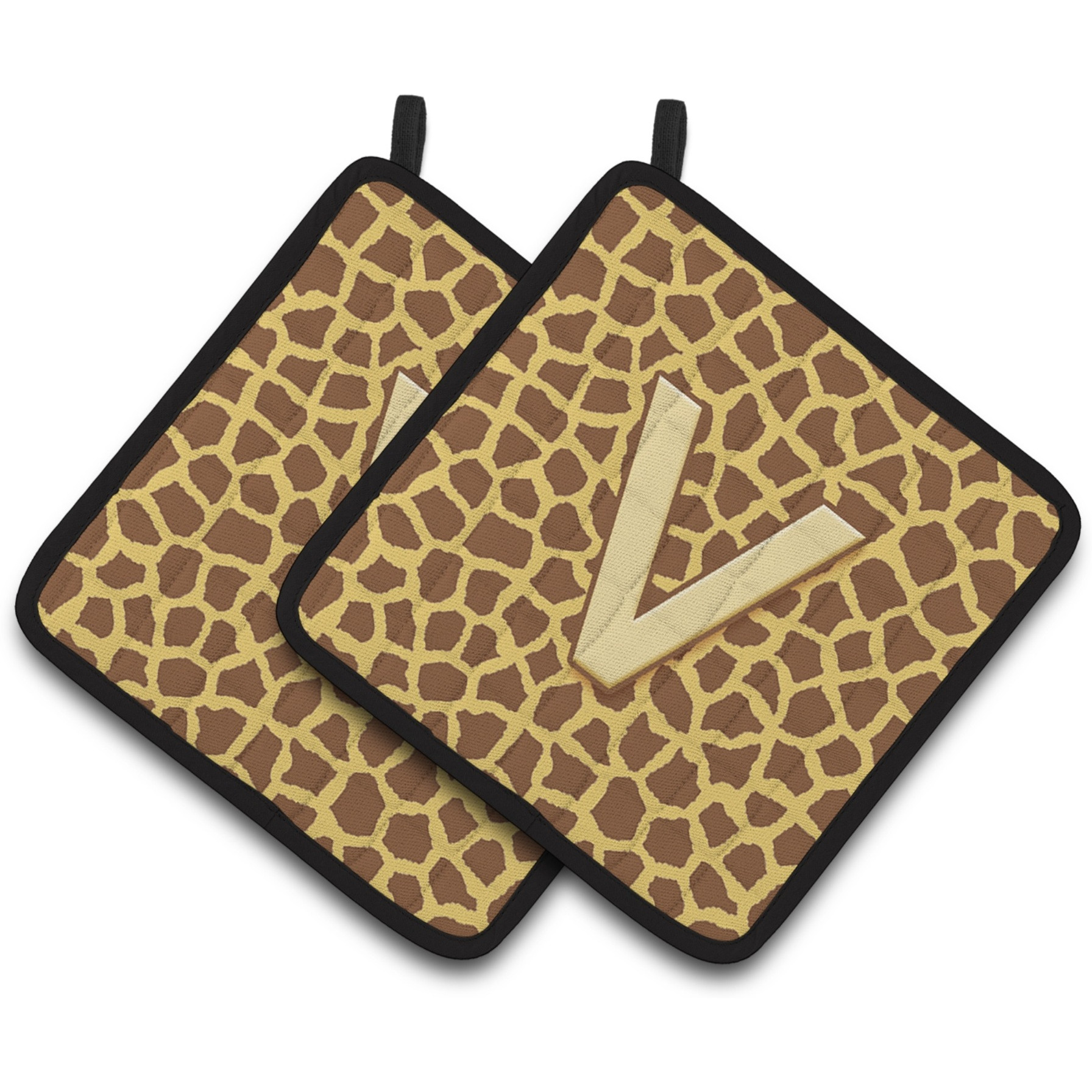 &quotCaroline's Treasures Monogram Initial V Giraffe Pair of Pot Holders CJ1025-VPTHD, 7.5HX7.5W, Multicolor"
