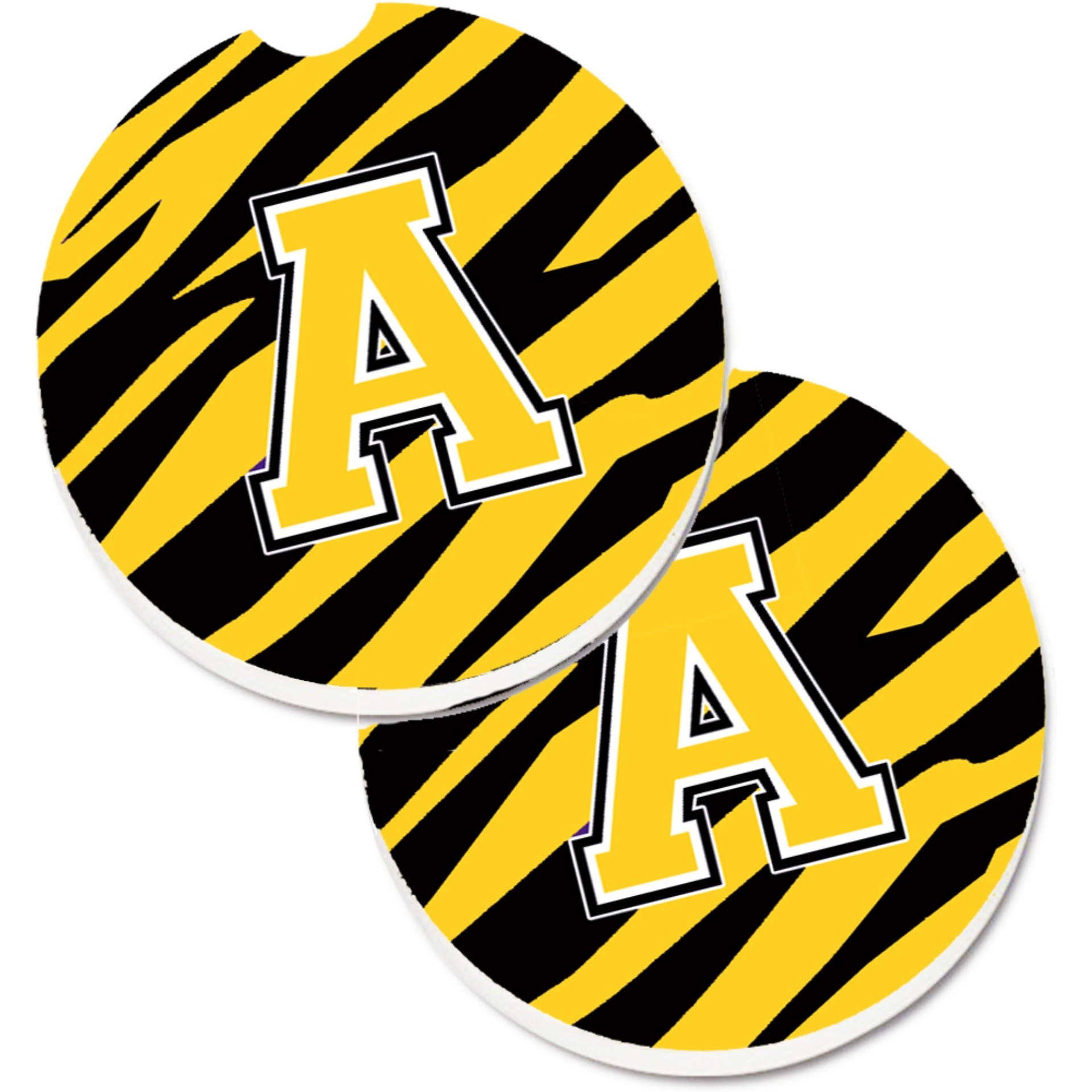&quotCaroline's Treasures Letter A Monogram - black Gold Tiger Stripe Set of 2 Cup Holder Car Coasters CJ1026-ACARC, 2.56, Multicolor"