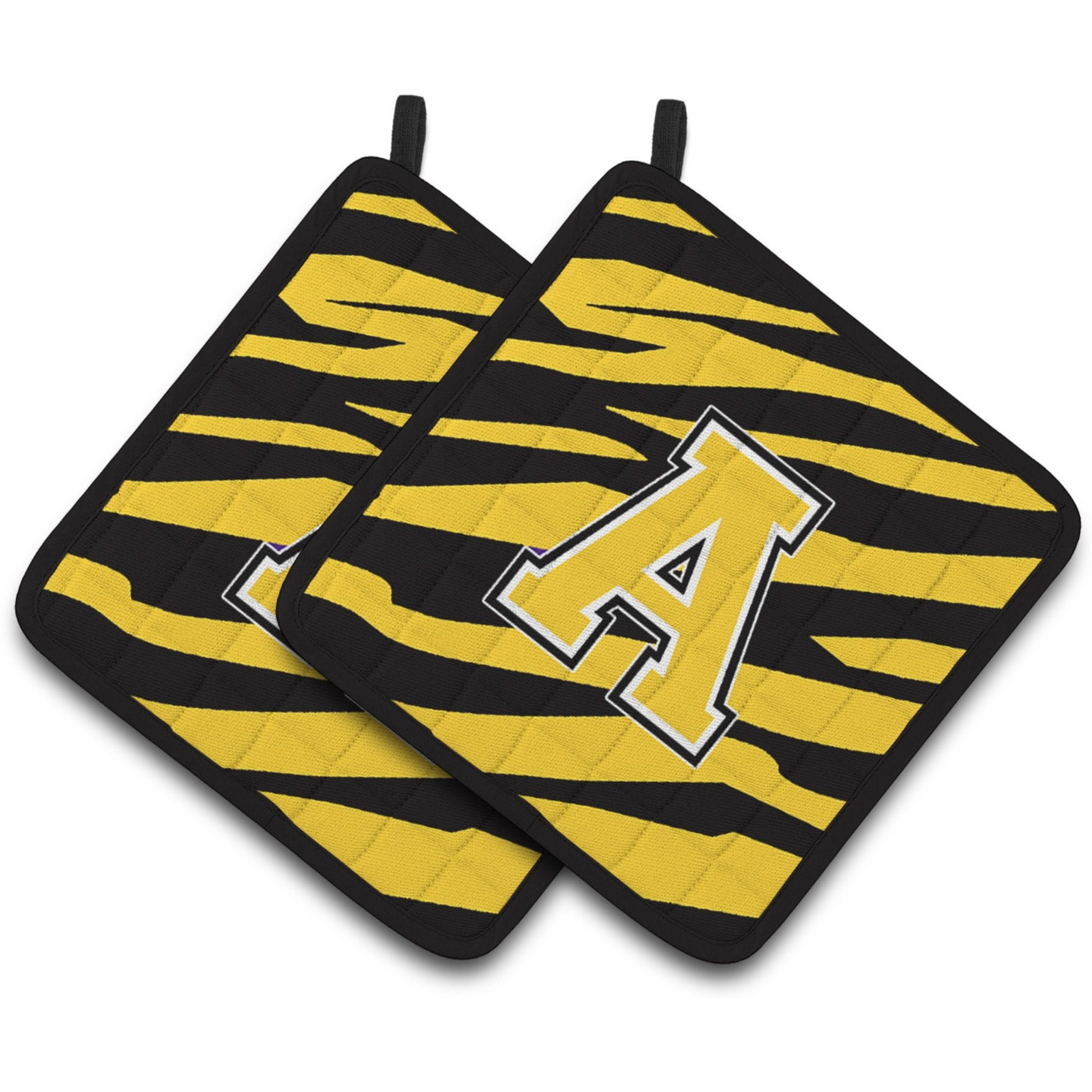 &quotCaroline's Treasures Letter A Monogram - black Gold Tiger Stripe Pair of Pot Holders CJ1026-APTHD, 7.5HX7.5W, Multicolor"