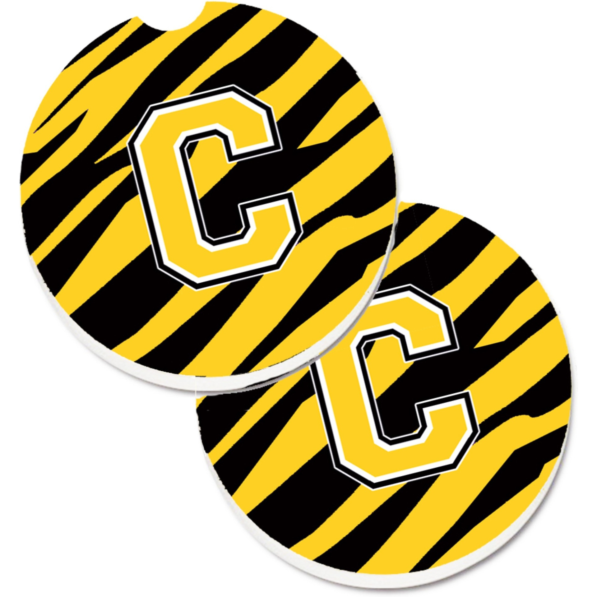 &quotCaroline's Treasures Monogram Initial C Tiger Stripe - black Gold Set of 2 Cup Holder Car Coasters CJ1026-CCARC, 2.56, Multicolor"