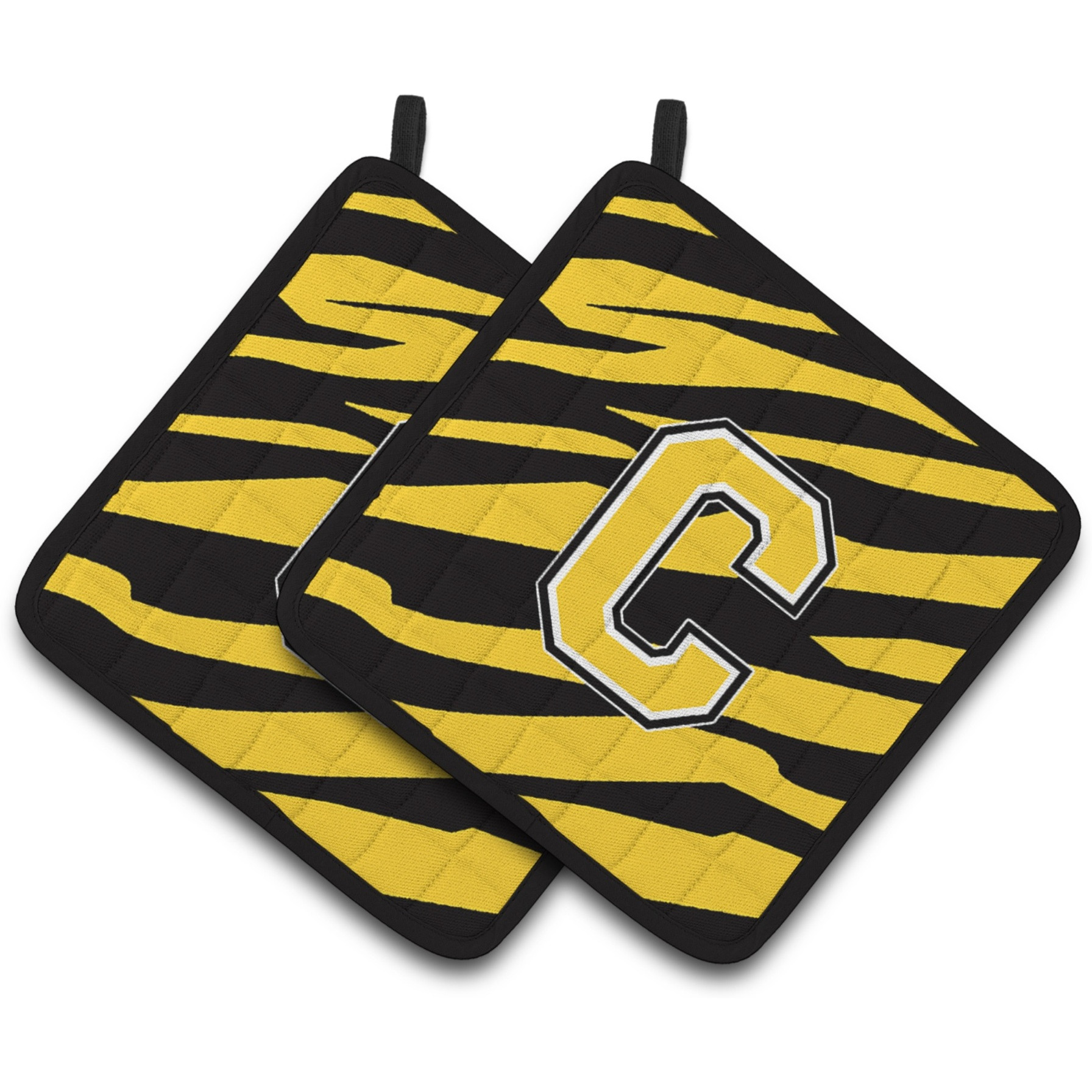 &quotCaroline's Treasures Monogram Initial C Tiger Stripe - black Gold Pair of Pot Holders CJ1026-CPTHD, 7.5HX7.5W, Multicolor"