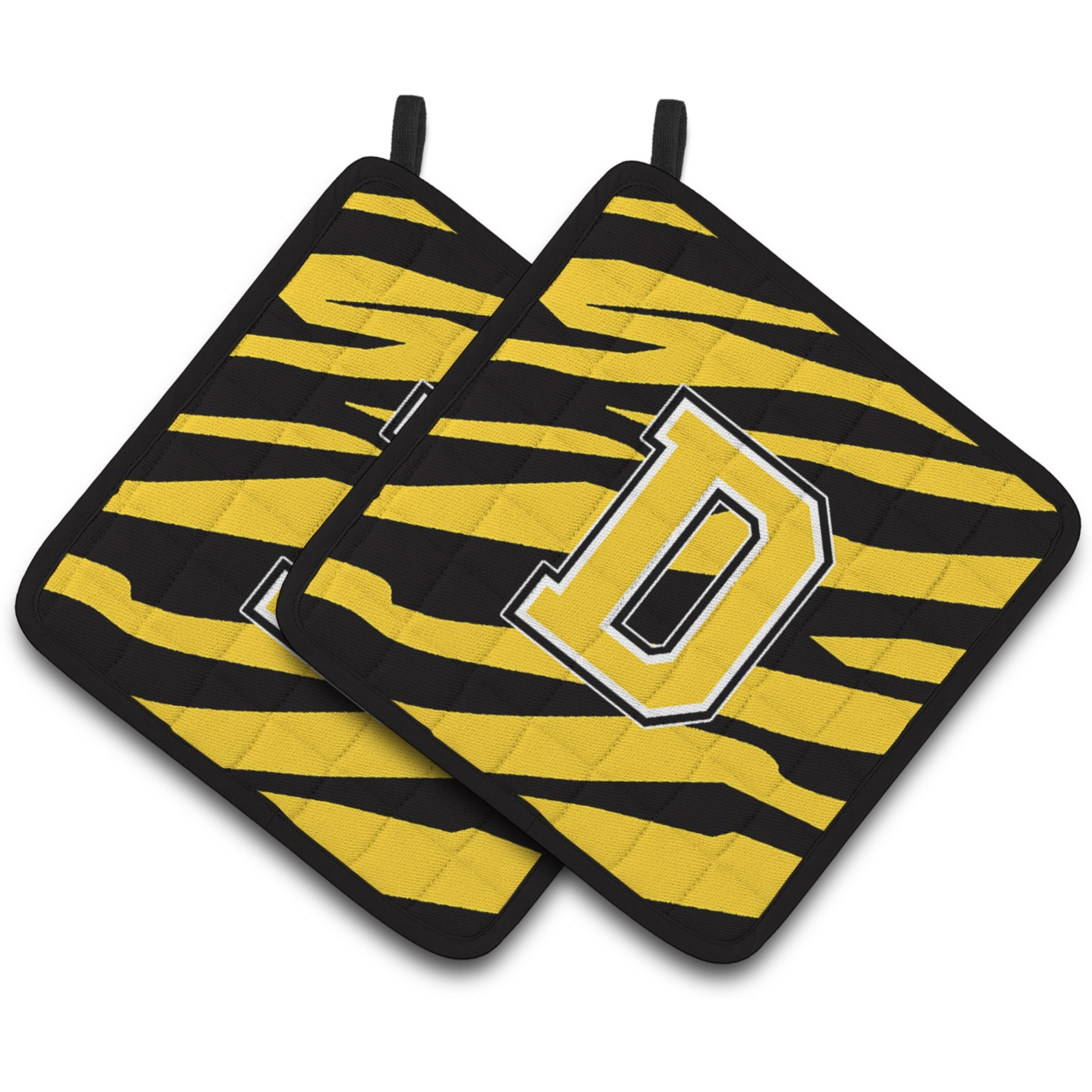 &quotCaroline's Treasures Monogram Initial D Tiger Stripe - black Gold Pair of Pot Holders CJ1026-DPTHD, 7.5HX7.5W, Multicolor"