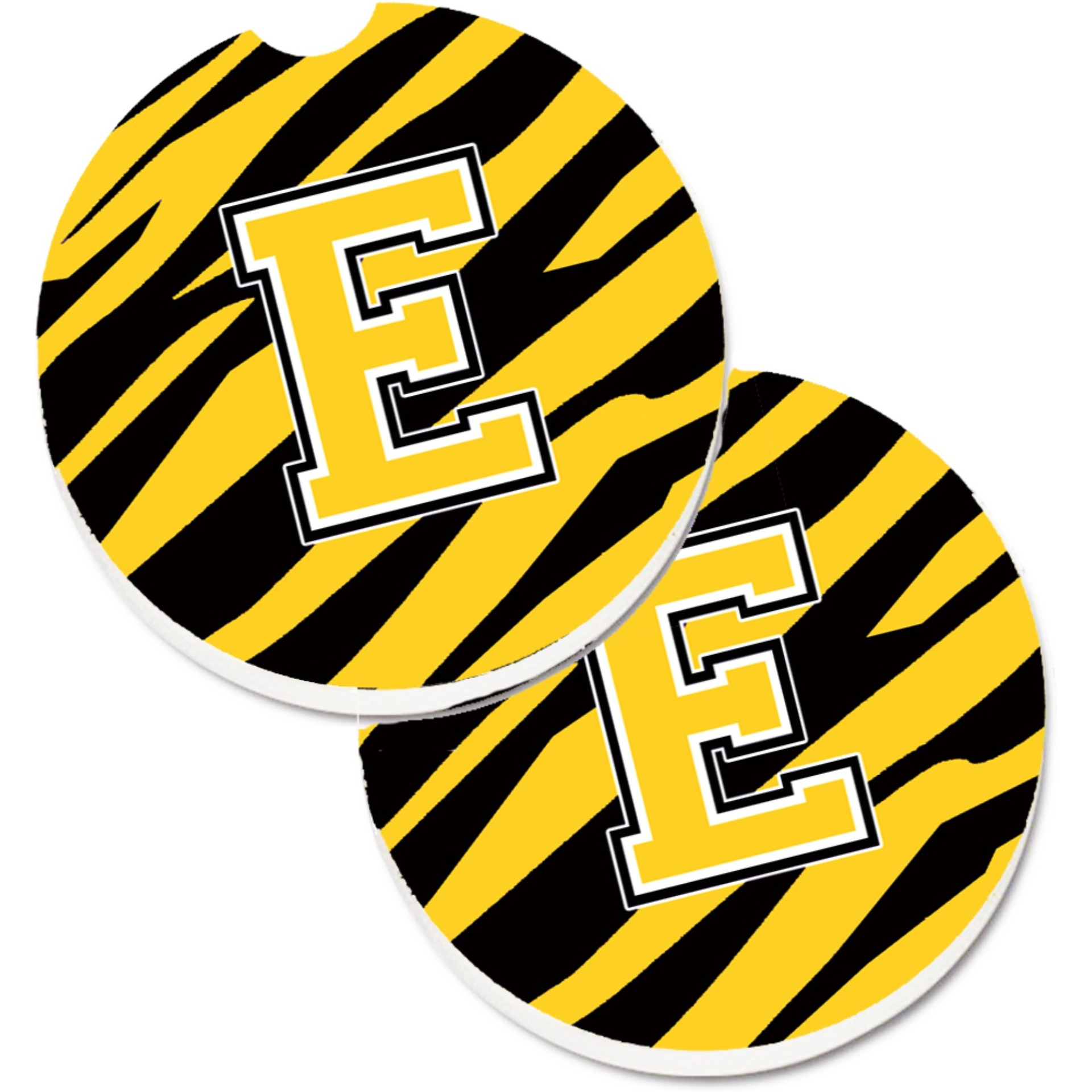 &quotCaroline's Treasures Monogram Initial E Tiger Stripe - black Gold Set of 2 Cup Holder Car Coasters CJ1026-ECARC, 2.56, Multicolor"