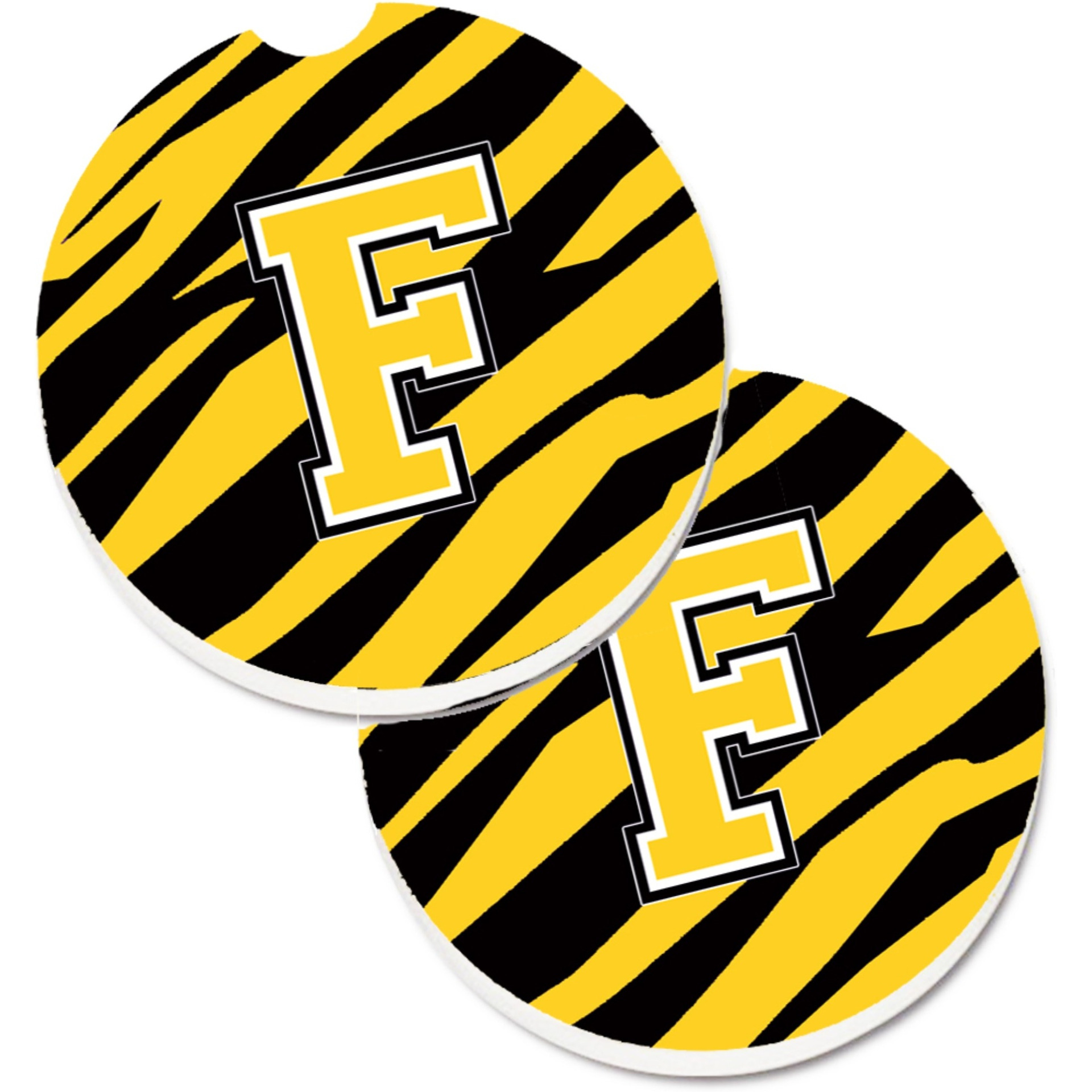 &quotCaroline's Treasures Monogram Initial F Tiger Stripe - black Gold Set of 2 Cup Holder Car Coasters CJ1026-FCARC, 2.56, Multicolor"