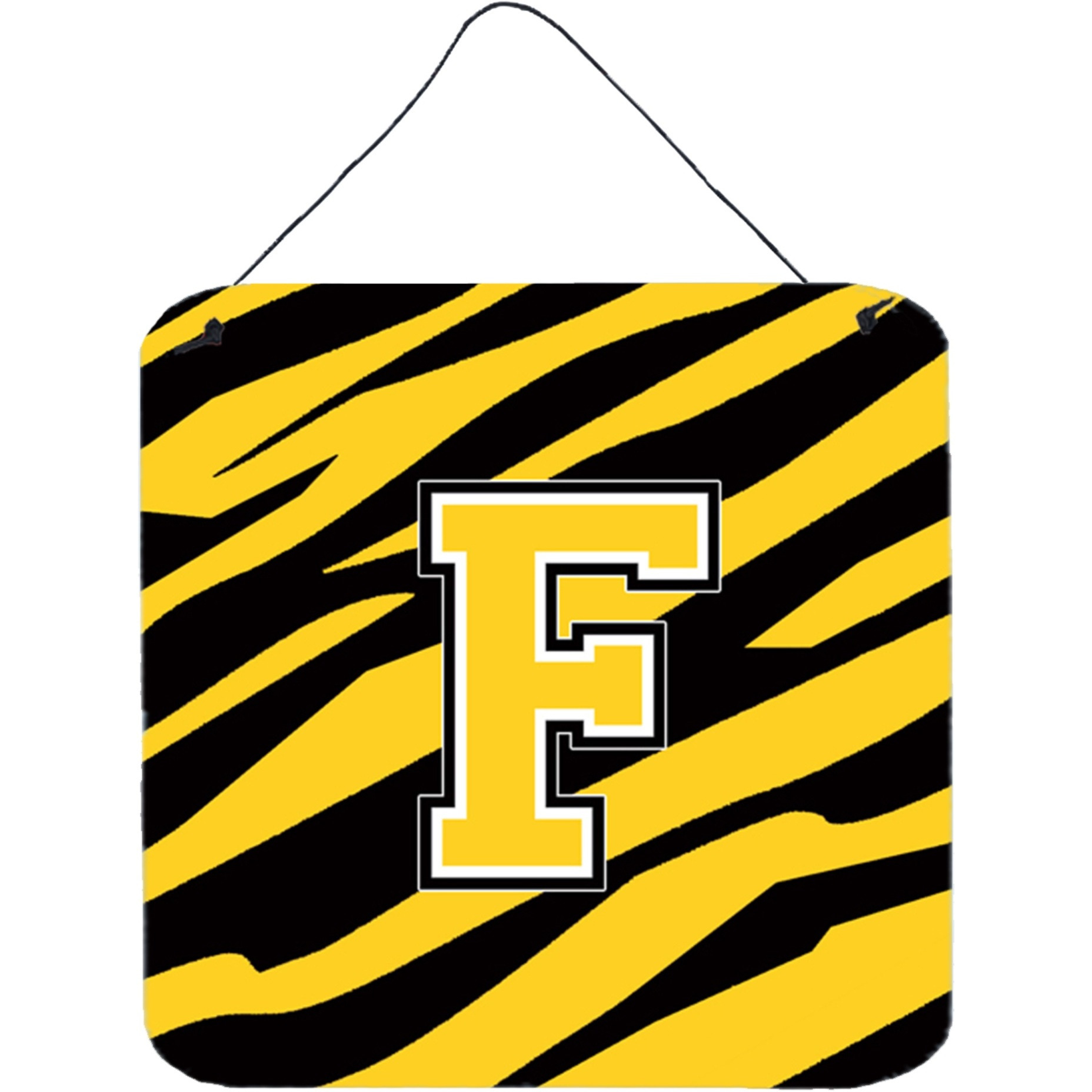 &quotCaroline's Treasures Letter F Initial with Tiger Stripe-Black Gold Wall or Door Hanging Prints, 6 x 6"", Multicolor"