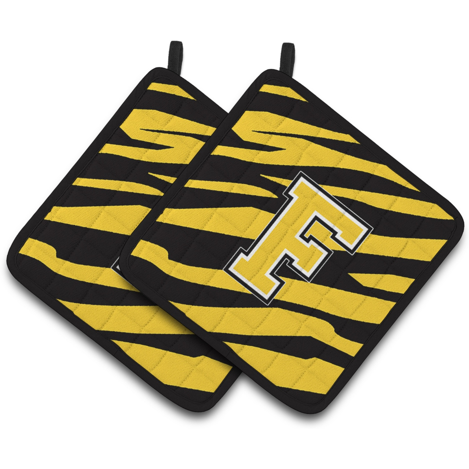 &quotCaroline's Treasures Monogram Initial F Tiger Stripe - black Gold Pair of Pot Holders CJ1026-FPTHD, 7.5HX7.5W, Multicolor"