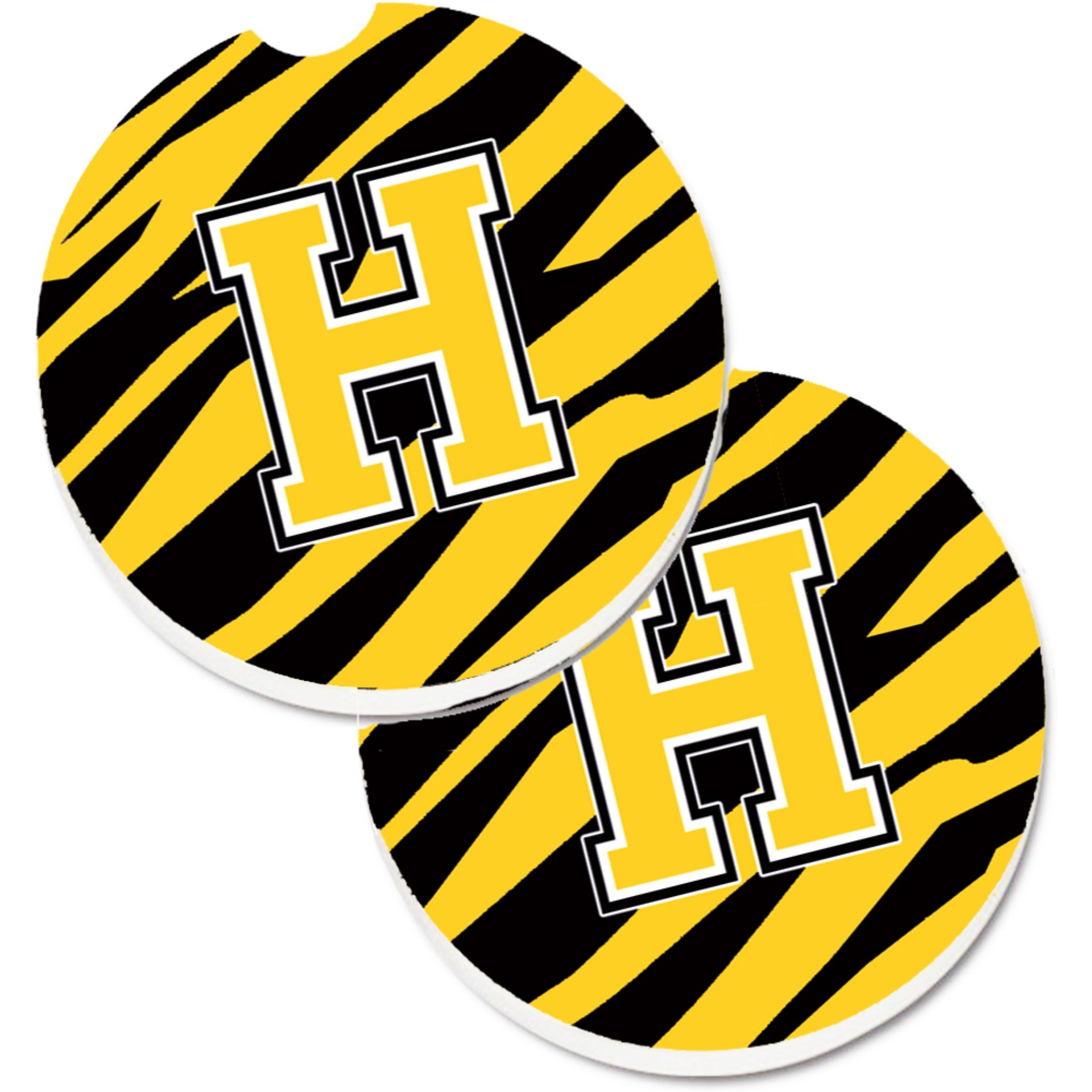 &quotCaroline's Treasures Monogram Initial H Tiger Stripe - black Gold Set of 2 Cup Holder Car Coasters CJ1026-HCARC, 2.56, Multicolor"