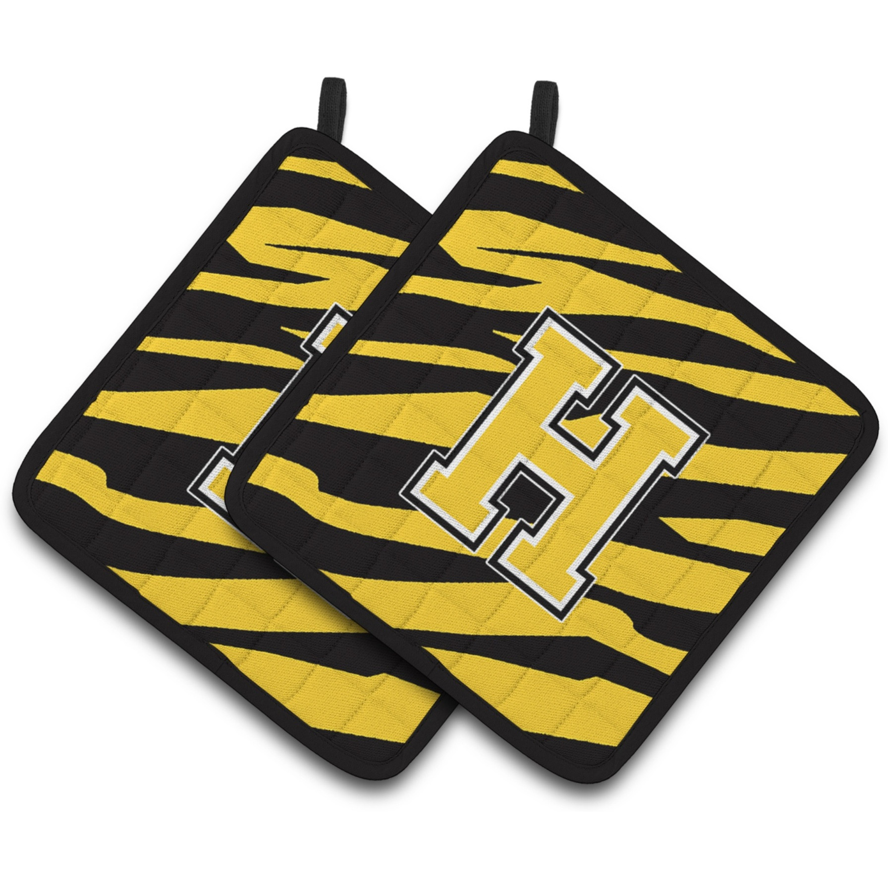 &quotCaroline's Treasures Monogram Initial H Tiger Stripe - black Gold Pair of Pot Holders CJ1026-HPTHD, 7.5HX7.5W, Multicolor"