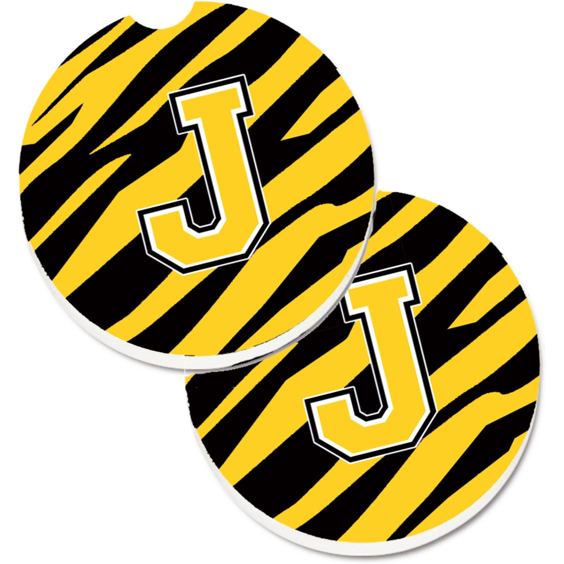 &quotCaroline's Treasures Monogram Initial J Tiger Stripe - black Gold Set of 2 Cup Holder Car Coasters CJ1026-JCARC, 2.56, Multicolor"