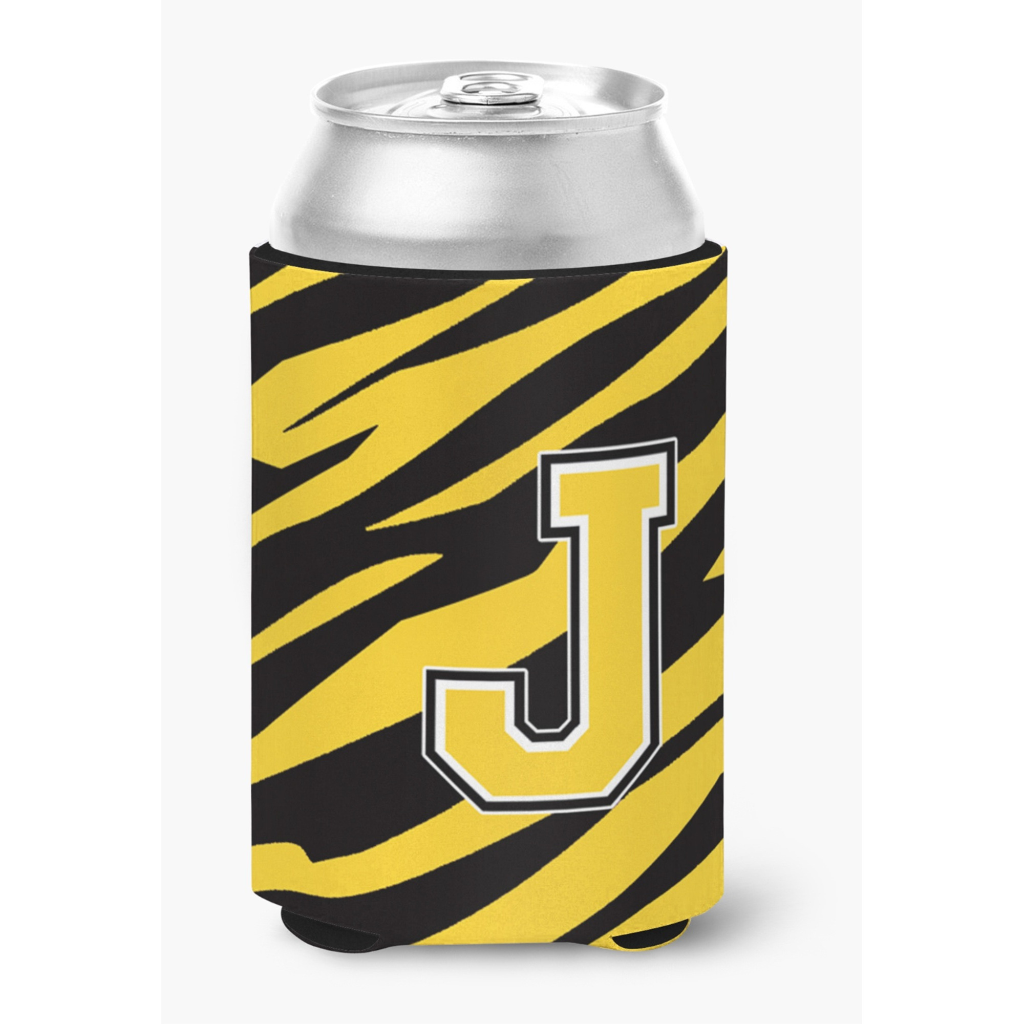 Letter J Initial Monogram - Tiger Stripe - Black Gold Can Beverage Insulator Hugger