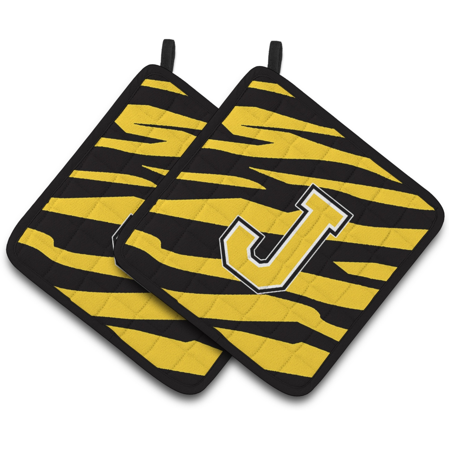 &quotCaroline's Treasures Monogram Initial J Tiger Stripe - black Gold Pair of Pot Holders CJ1026-JPTHD, 7.5HX7.5W, Multicolor"