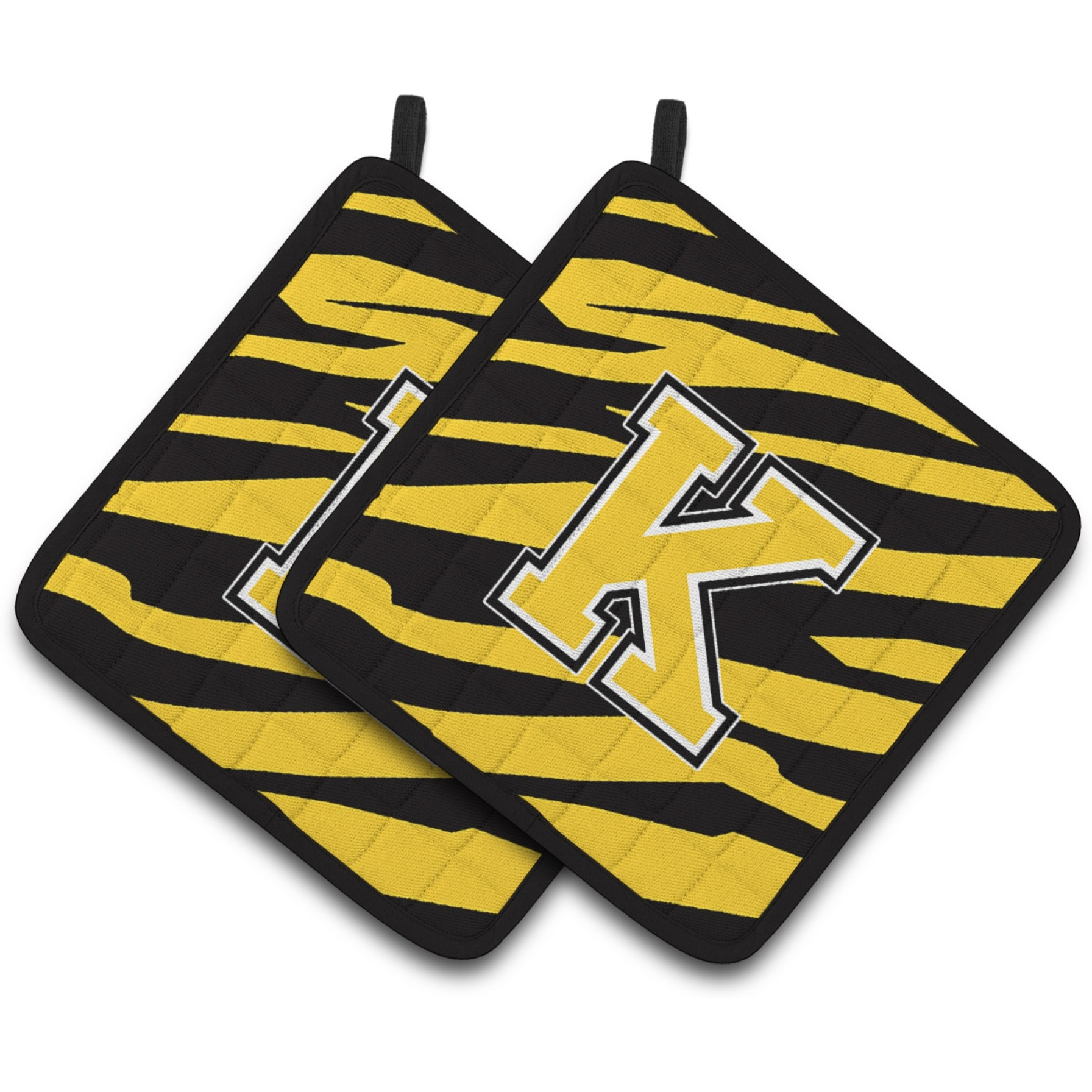 &quotCaroline's Treasures Monogram Initial K Tiger Stripe - black Gold Pair of Pot Holders CJ1026-KPTHD, 7.5HX7.5W, Multicolor"