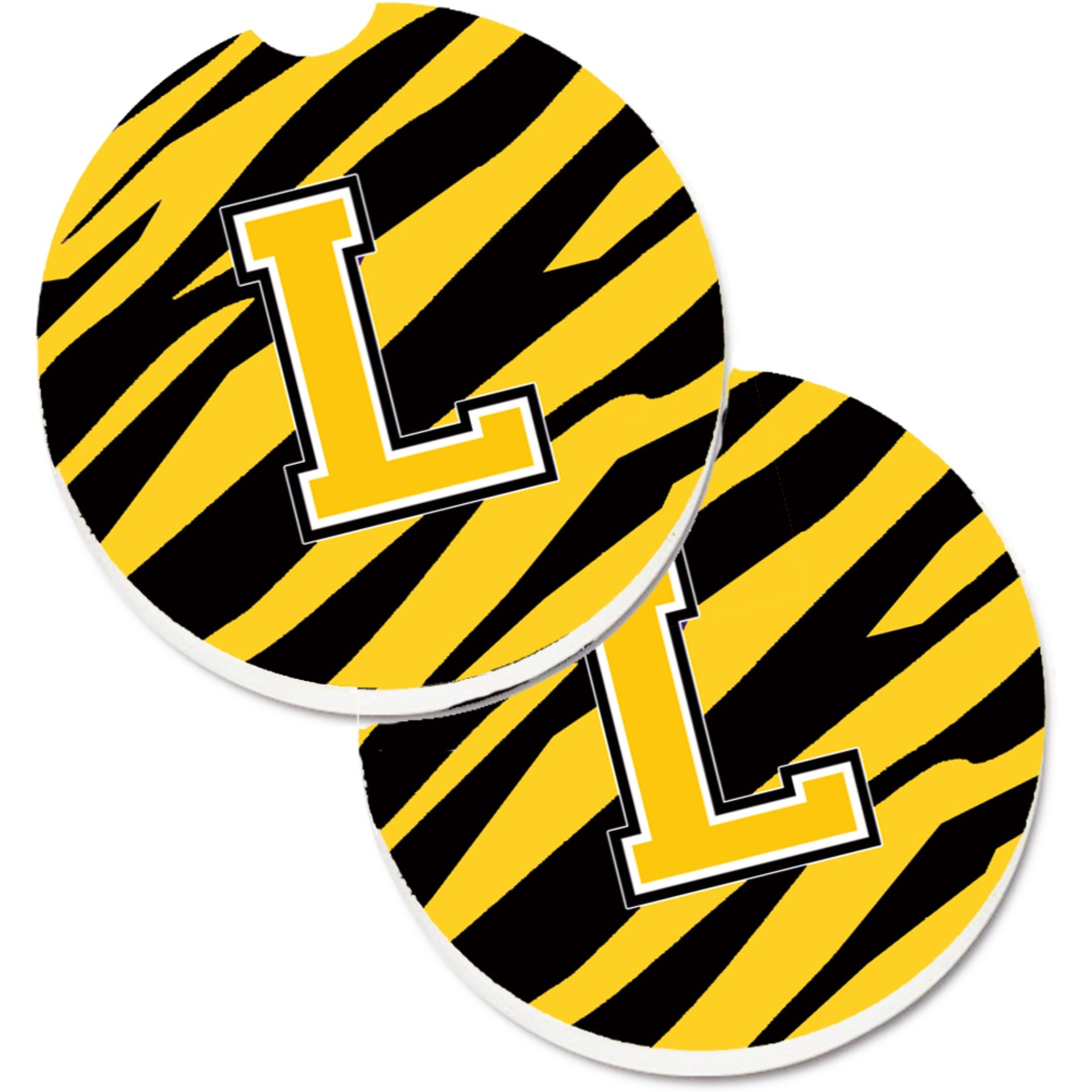 &quotCaroline's Treasures Monogram Initial L Tiger Stripe - black Gold Set of 2 Cup Holder Car Coasters CJ1026-LCARC, 2.56, Multicolor"