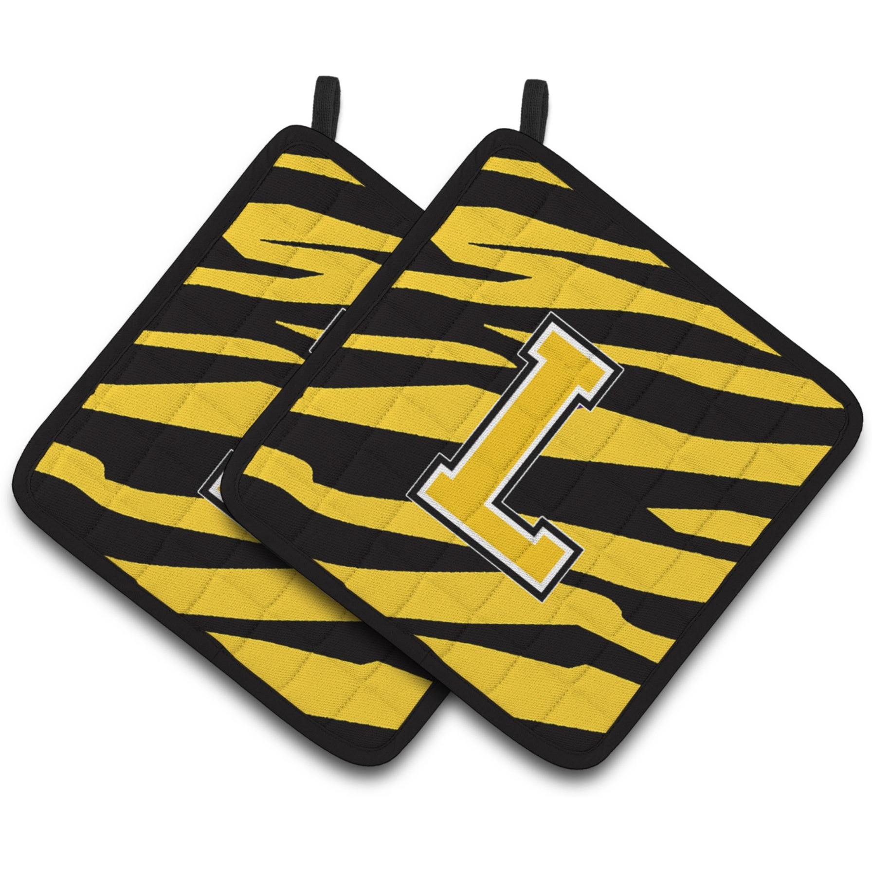 &quotCaroline's Treasures Monogram Initial L Tiger Stripe - black Gold Pair of Pot Holders CJ1026-LPTHD, 7.5HX7.5W, Multicolor"